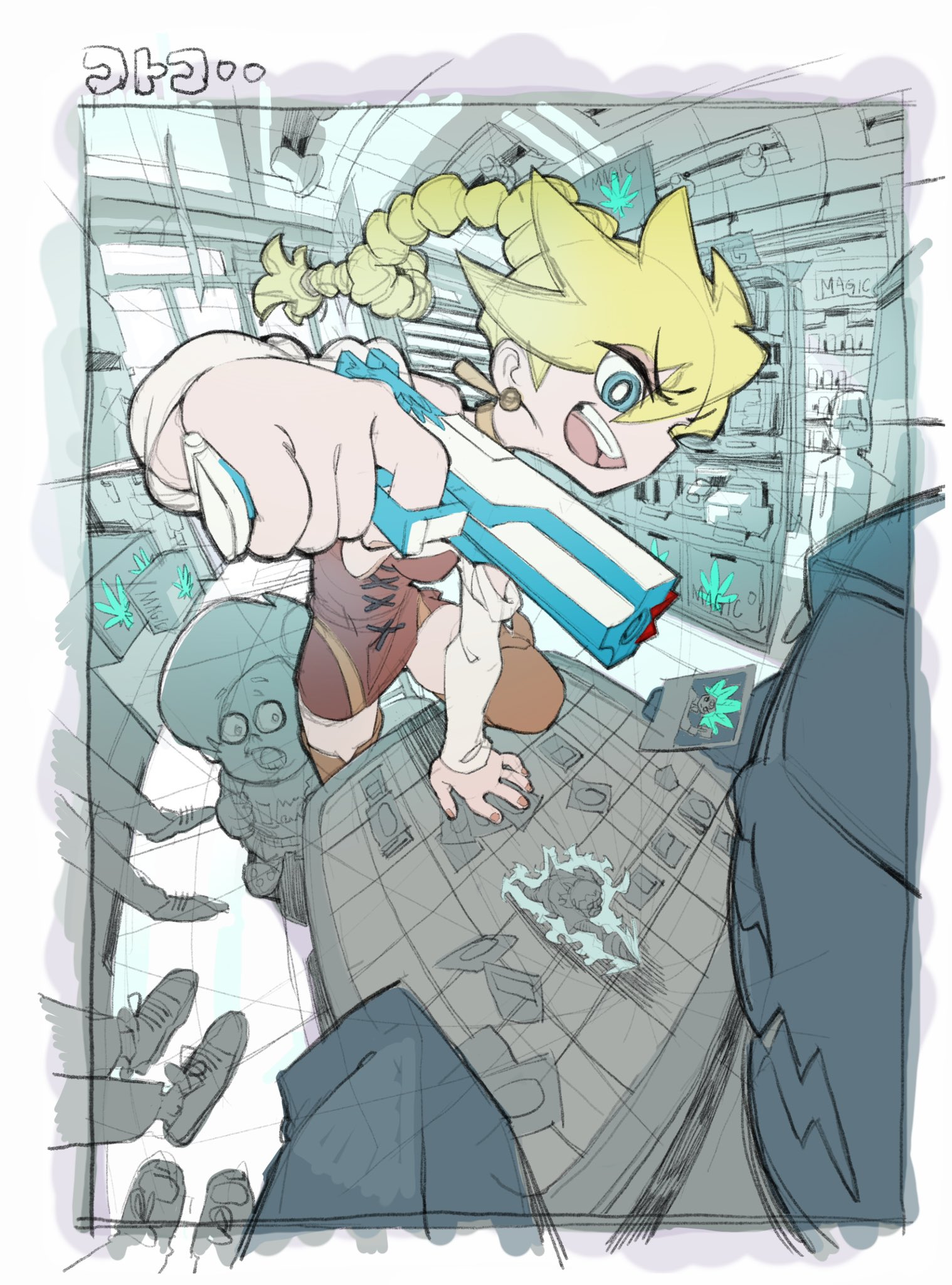 cotogochan, panty (psg), panty & stocking with garterbelt, highres, 1girl, 2boys, blonde hair, blue eyes, cannabis print, fisheye, foreshortening, gun, holding, holding gun, holding weapon, multiple boys, teeth, upper teeth only, weapon