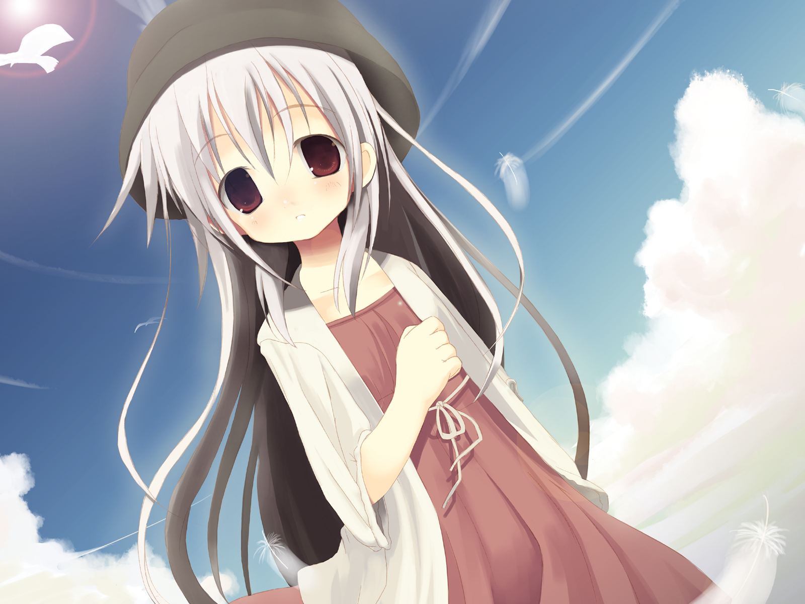 shiro (octet), shiro, highres, blush, cardigan, cloud, day, dress, feathers, hat, lens flare, long hair, sky, solo, white hair