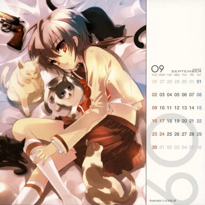 ito noizi, nagato yuki, nitroplus, suzumiya haruhi no yuuutsu, 00s, 1girl, bed, calendar, cat, female focus, gun, handgun, lying, revolver, school uniform, serafuku, solo, weapon