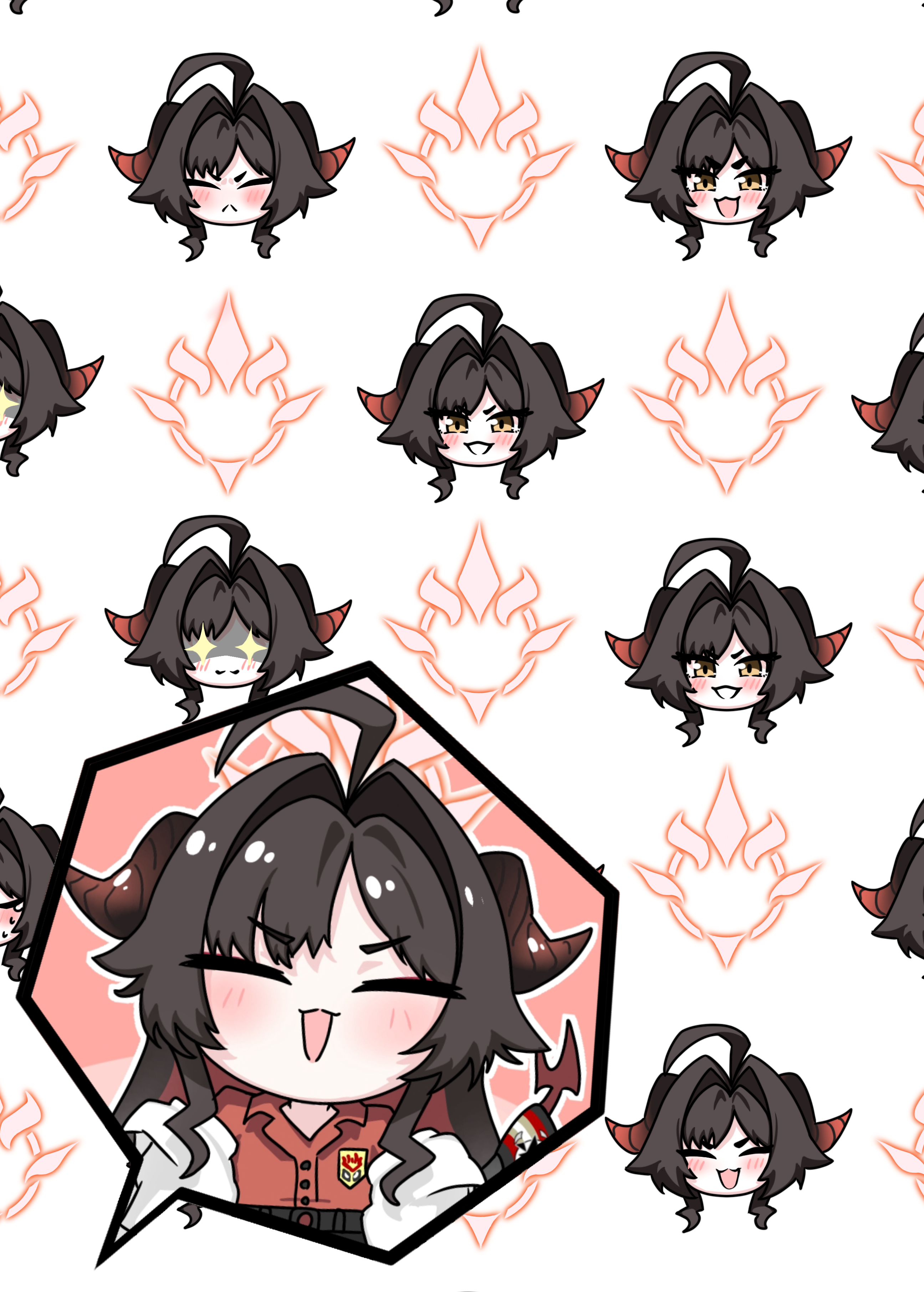 tomimon, kasumi (blue archive), blue archive, absurdres, highres, + +, 1girl, :<, :3, ahoge, black hair, blush, closed eyes, closed mouth, collared shirt, demon girl, demon horns, hair intakes, halo, horns, long hair, open mouth, parted lips, red halo, red horns, red shirt, shirt, simple background, smile, speech bubble, white background, yellow eyes