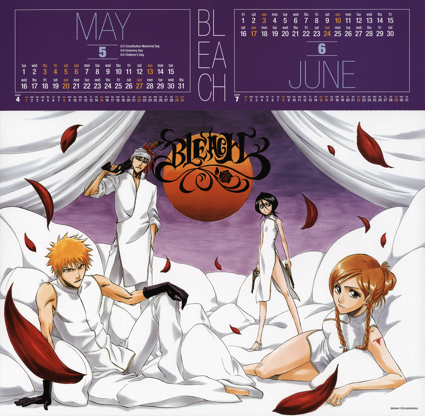 kubo tite, abarai renji, inoue orihime, kuchiki rukia, kurosaki ichigo, bleach, highres, official art, 00s, 2007, 2boys, 2girls, alternate hairstyle, alternate weapon, arm support, bandana, bare shoulders, bed sheet, black hair, braid, breasts, calendar, china dress, chinese clothes, copyright name, curtains, dress, dual wielding, everyone, facial tattoo, gloves, gun, hair between eyes, hair bun, hair ornament, hair up, hairclip, hand in pocket, handgun, high heels, high ponytail, holding, holding weapon, june, large breasts, long legs, lying, multiple boys, multiple girls, on side, orange eyes, orange hair, over shoulder, pants, parted lips, petals, ponytail, red hair, revolver, shoes, short dress, short hair, short hair with long locks, shotgun, side slit, single hair bun, sitting, sleeves rolled up, small breasts, spiked hair, standing, swept bangs, tattoo, toned, turtleneck, twin braids, weapon, weapon over shoulder