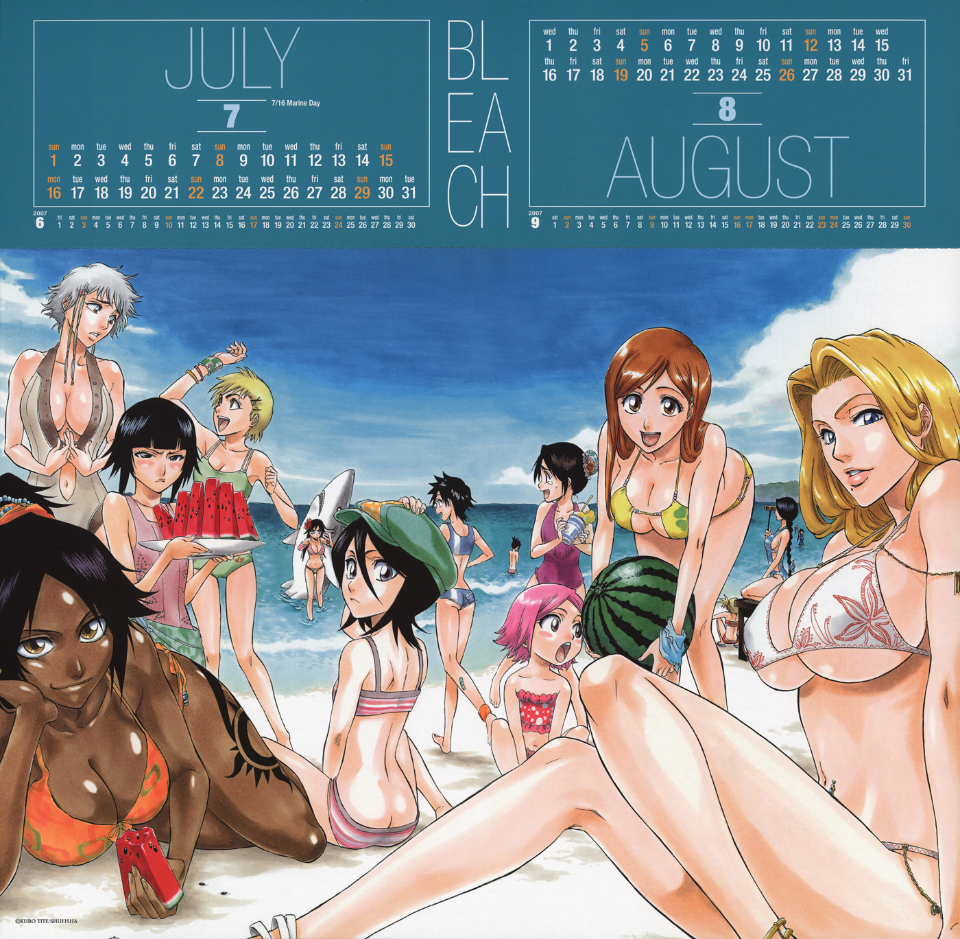kubo tite, arisawa tatsuki, hinamori momo, inoue orihime, ise nanao, kotetsu isane, kotetsu kiyone, kuchiki rukia, kurotsuchi nemu, kusajishi yachiru, matsumoto rangiku, sarugaki hiyori, shiba kuukaku, shihouin yoruichi, sui-feng, unohana retsu, bleach, silver hair, highres, official art, 00s, 2007, 6+girls, age difference, august, beach, bent over, bikini, binoculars, black hair, blonde hair, blush, braid, breasts, bun cover, butt crack, calendar, child, cleavage, cloud, copyright name, dark-skinned female, dark skin, day, drink, everyone, flat chest, food, fruit, hat, holding, holding food, holding fruit, holding watermelon, huge breasts, july, long legs, looking back, mole, mole under mouth, multiple girls, orange hair, outdoors, polka dot, polka dot bikini, polka dot swimsuit, ponytail, sarong, shark, short hair, short hair with long locks, single braid, sitting, sky, smile, striped bikini, striped clothes, swimsuit, tankini, tattoo, underboob, very short hair, water, watermelon
