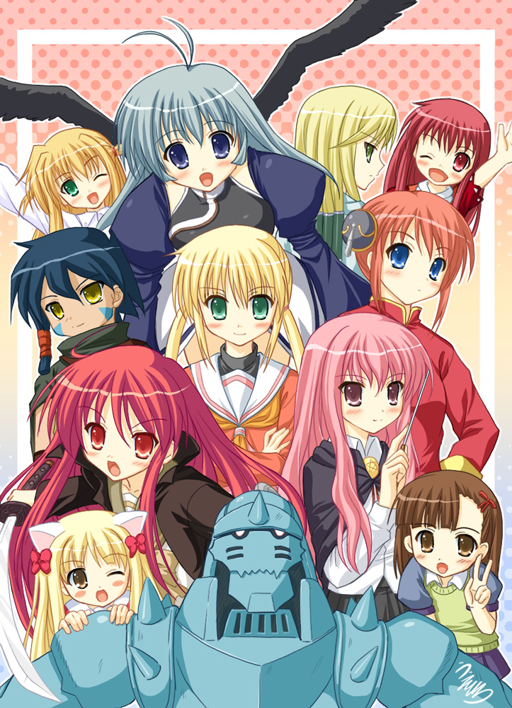 uehiro, alphonse elric, arisa bunnings, camyu, kagura (gintama), kinoshita ringo, kugimiya rie, louise francoise le blanc de la valliere, noguchi ikuto, sanzen'in nagi, shana, tio (konjiki no gash!!), uematsu koboshi, busou renkin, digimon, digimon savers, fullmetal alchemist, gintama, hayate no gotoku!, konjiki no gash!!, lyrical nanoha, mahou shoujo lyrical nanoha, otogi-juushi akazukin, pita ten, shakugan no shana, utawarerumono, zero no tsukaima, 00s, 1boy, 6+girls, crossover, multiple crossover, multiple girls, red hair, tsundere, voice actor connection, wings