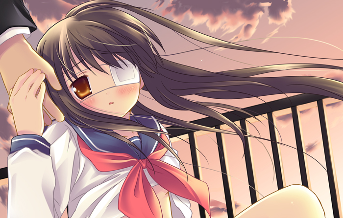 natsume eri, yagyuu kyuubei, gintama, 00s, 1girl, blue sailor collar, bow, brown eyes, brown hair, clothes lift, cloud, eyepatch, female focus, holding hands, sailor collar, school uniform, serafuku, shirt lift, sitting, sky, solo, solo focus, wind