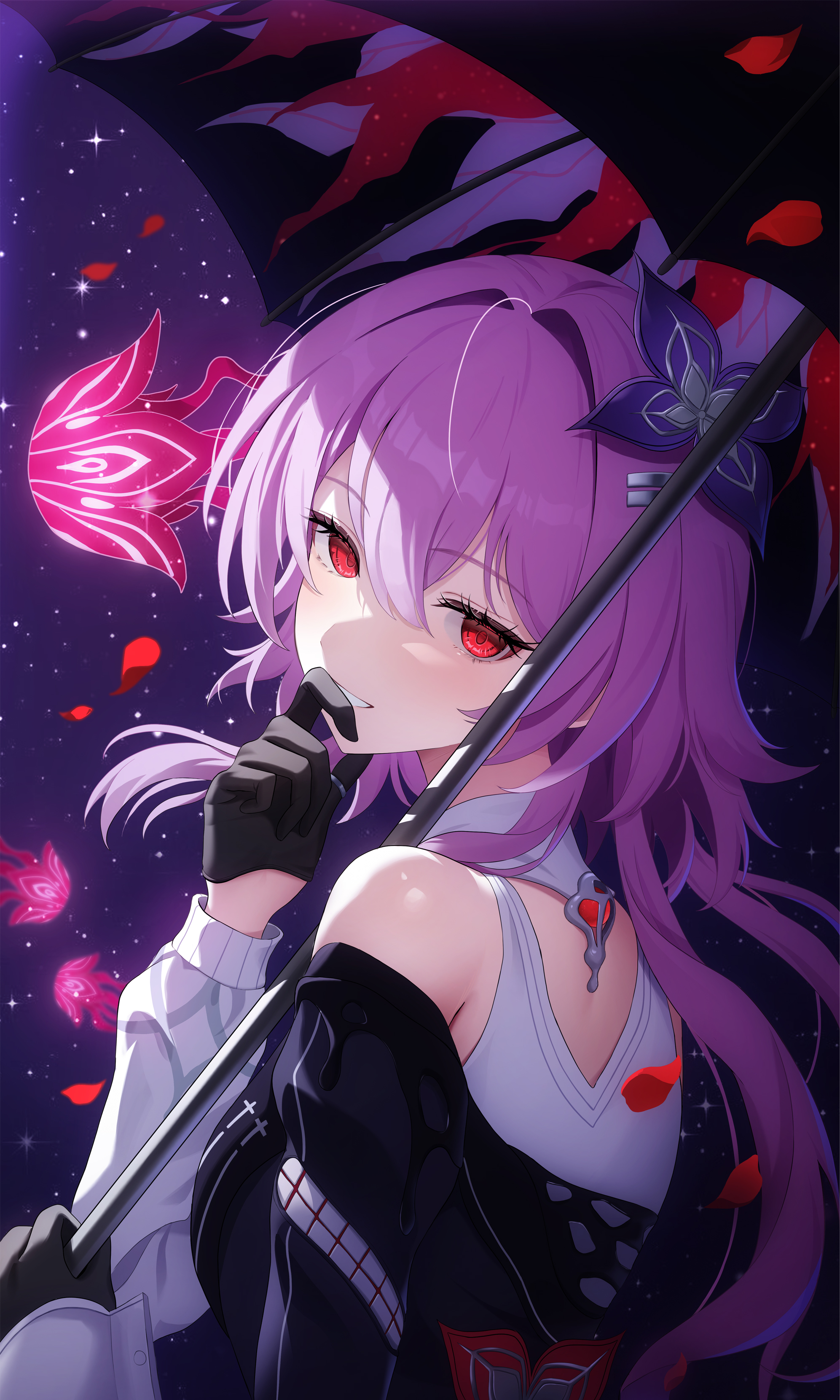 kesa pasa, evernight (honkai: star rail), march 7th (honkai: star rail), honkai: star rail, honkai (series), absurdres, highres, 1girl, bare shoulders, black gloves, from behind, gloves, hair between eyes, hair ornament, half gloves, holding, holding umbrella, long hair, long sleeves, looking at viewer, off shoulder, official alternate costume, official alternate eye color, official alternate hair length, official alternate hairstyle, parted lips, pink hair, red eyes, smile, umbrella, upper body