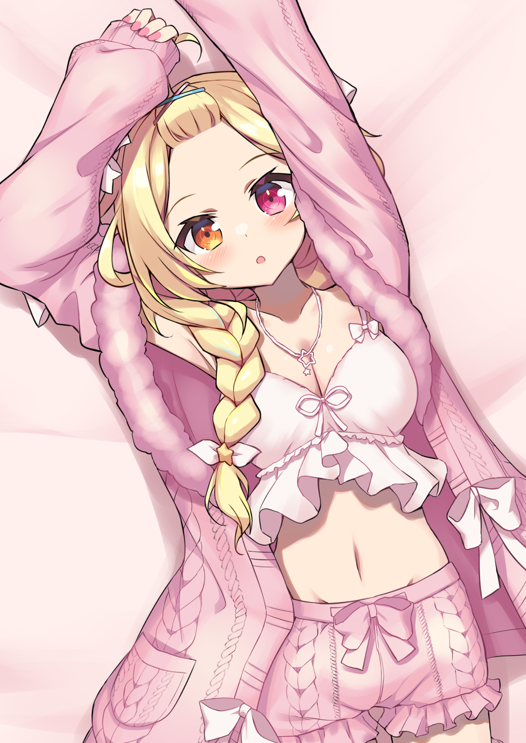 hoppege, hoshikawa sara, nijisanji, commentary request, highres, 1girl, :o, ahoge, arms up, bangs pinned back, blonde hair, blush, bow, bow shorts, braid, breasts, cable knit, cardigan, cleavage, cowboy shot, crop top, cropped shirt, fingernails, frilled shirt, frilled shorts, frills, groin, hair bow, hair ornament, hair over shoulder, heterochromia, jewelry, large breasts, long hair, long sleeves, lying, midriff, nail polish, navel, necklace, on back, on bed, open cardigan, open clothes, orange eyes, parted lips, pink bow, pink cardigan, pink nails, pink shirt, pink shorts, pink theme, red eyes, shirt, shirt bow, short shorts, shorts, sleeves past wrists, solo, star (symbol), star hair ornament, star necklace, virtual youtuber, x hair ornament