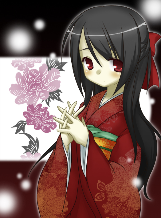 shiratama, shiratama yomogi, original, 1girl, black hair, blush, bow, closed mouth, female focus, flower, hair bow, japanese clothes, kimono, long sleeves, looking at viewer, own hands together, ponytail, red bow, red eyes, sash, smile, solo, wide sleeves