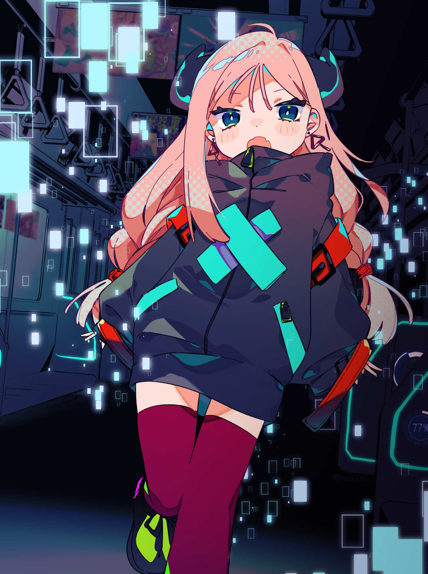 notamaru 2, original, commentary request, highres, 1girl, :o, ako-chan (notamaru 2), black horns, black shirt, blue eyes, blush stickers, braid, fang, foot out of frame, green shoes, hands in pockets, horns, long hair, long sleeves, looking at viewer, open mouth, pink hair, red thighhighs, shirt, shoes, skin fang, solo, standing, standing on one leg, thighhighs, train interior, twin braids