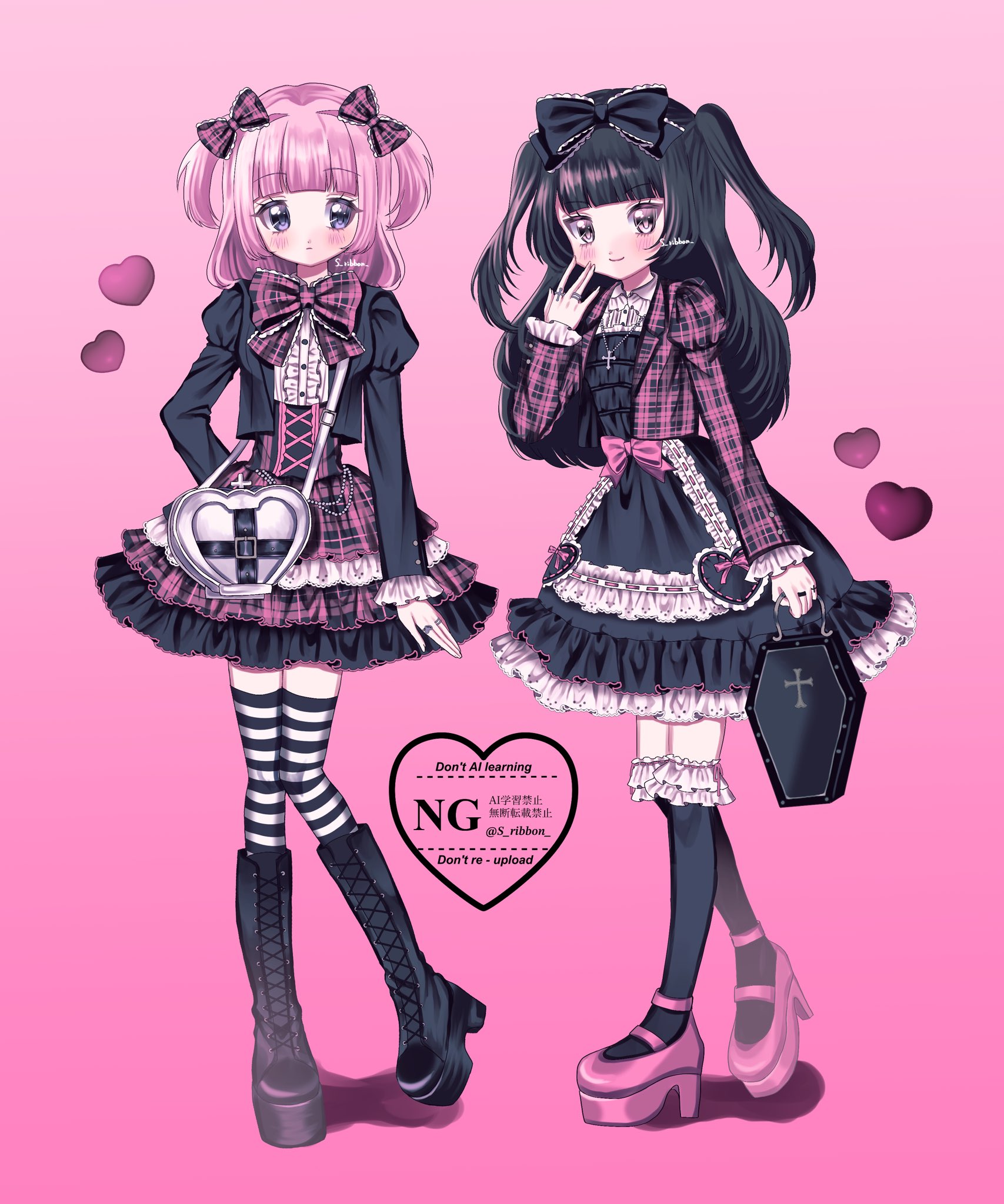 yuni (s ribbon), original, hashtag-only commentary, highres, 2girls, bag, black boots, black bow, black dress, black hair, black jacket, black thighhighs, blunt bangs, blush, boots, bow, bowtie, closed mouth, coffin-shaped bag, cropped jacket, dress, dress bow, frilled bow, frilled dress, frilled shirt, frilled skirt, frilled thighhighs, frills, full body, gradient background, hair bow, hair intakes, hand on own face, handbag, heart, heart-shaped bag, high-waist skirt, jacket, jewelry, juliet sleeves, knee boots, knees together feet apart, lace-up boots, lolita fashion, long hair, long sleeves, looking at another, multiple girls, pink background, pink bow, pink eyes, pink hair, pink shoes, plaid bow, plaid bowtie, plaid clothes, plaid jacket, plaid skirt, platform heels, puffy sleeves, punk lolita, purple eyes, ring, shirt, shoes, skirt, smile, standing, striped clothes, striped thighhighs, thighhighs, two-tone thighhighs, two side up, white shirt