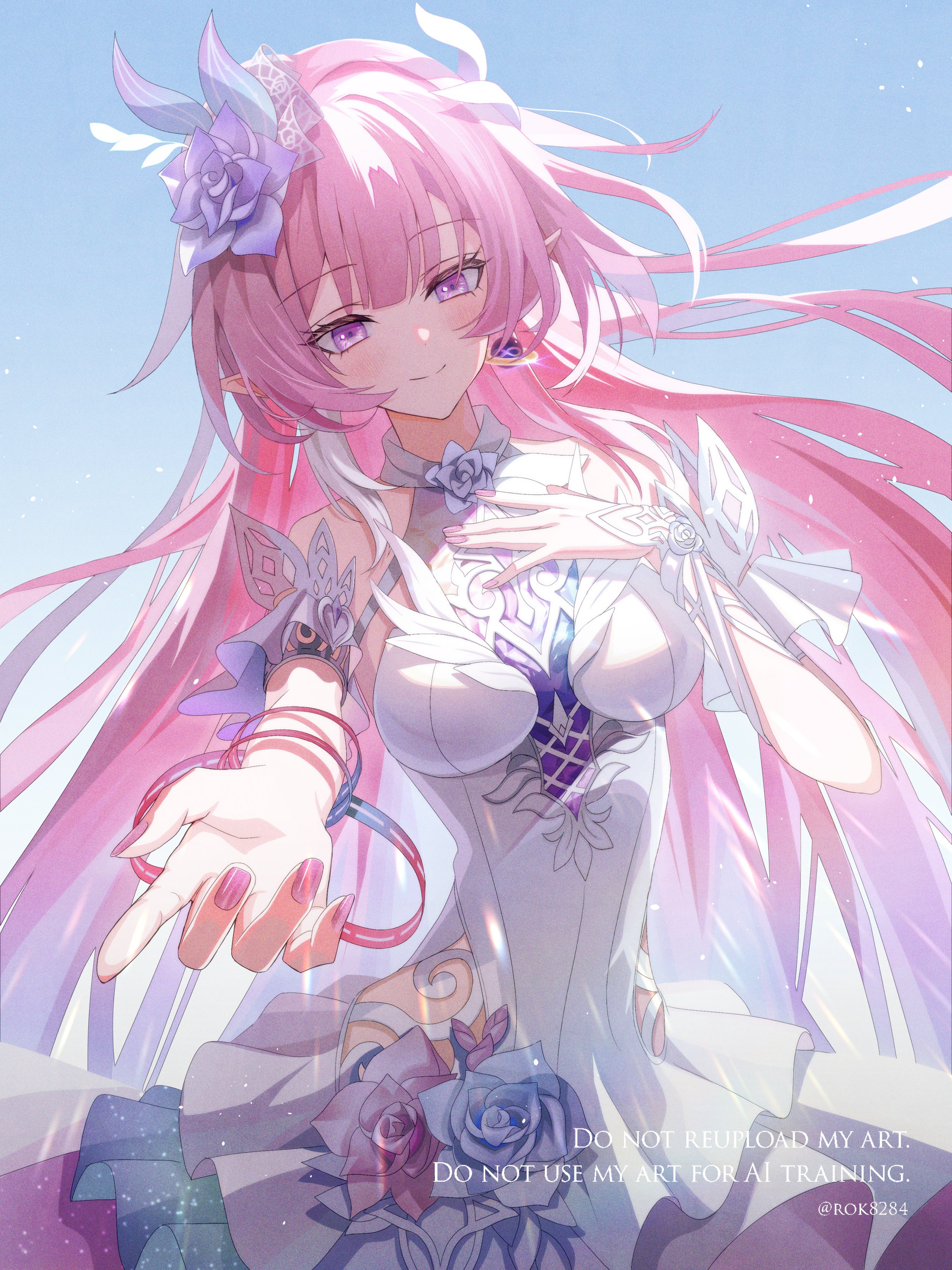 rok8284, cyrene (honkai: star rail), cyrene (ripples of past reverie) (honkai: star rail), honkai: star rail, honkai (series), absurdres, hashtag-only commentary, highres, 1girl, bare shoulders, blue sky, breasts, detached sleeves, diamond-shaped pupils, diamond (shape), dress, flower, hair flower, hair ornament, hand on own chest, large breasts, long hair, looking at viewer, pink hair, pink nails, pointy ears, purple eyes, sky, solo, symbol-shaped pupils, very long hair, white dress