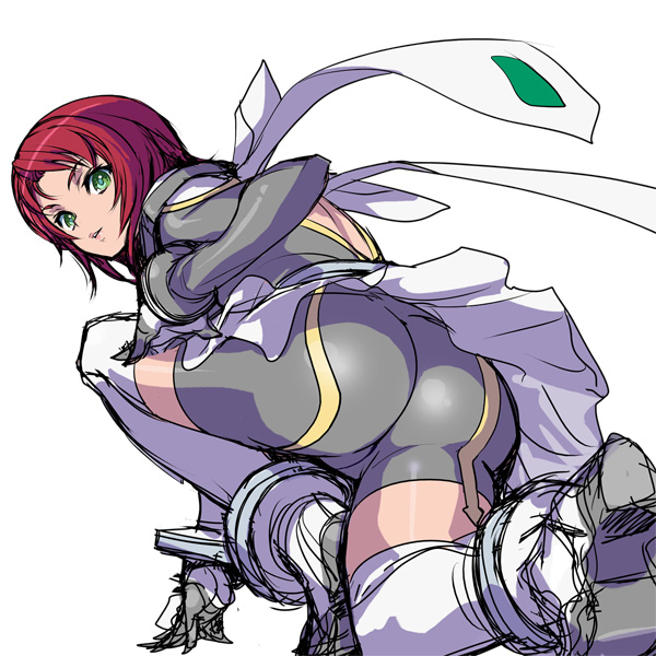 akaga hirotaka, juliet nao zhang, my-otome, 00s, 1girl, arm support, ass, back, bike shorts, boots, female focus, from behind, green eyes, kneeling, lipstick, looking back, makeup, red hair, ribbon, short hair, simple background, sketch, skin tight, skirt, solo, thigh boots, thighhighs, white thighhighs
