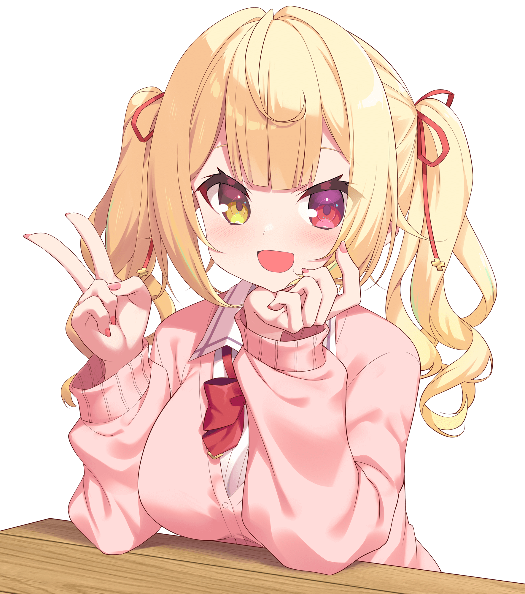 hoppege, hoshikawa sara, nijisanji, commentary request, highres, 1girl, :d, blonde hair, blush, bow, bowtie, breasts, cardigan, center-flap bangs, collared shirt, double-parted bangs, elbow rest, elbows on table, fingernails, hair ribbon, hand rest, hands up, heterochromia, large breasts, long hair, long sleeves, looking at viewer, nail polish, open mouth, pink cardigan, pink nails, pov across table, red bow, red bowtie, red eyes, red ribbon, ribbon, school uniform, shirt, simple background, smile, solo, table, transparent background, twintails, upper body, v, virtual youtuber, white shirt, wooden table, yellow eyes
