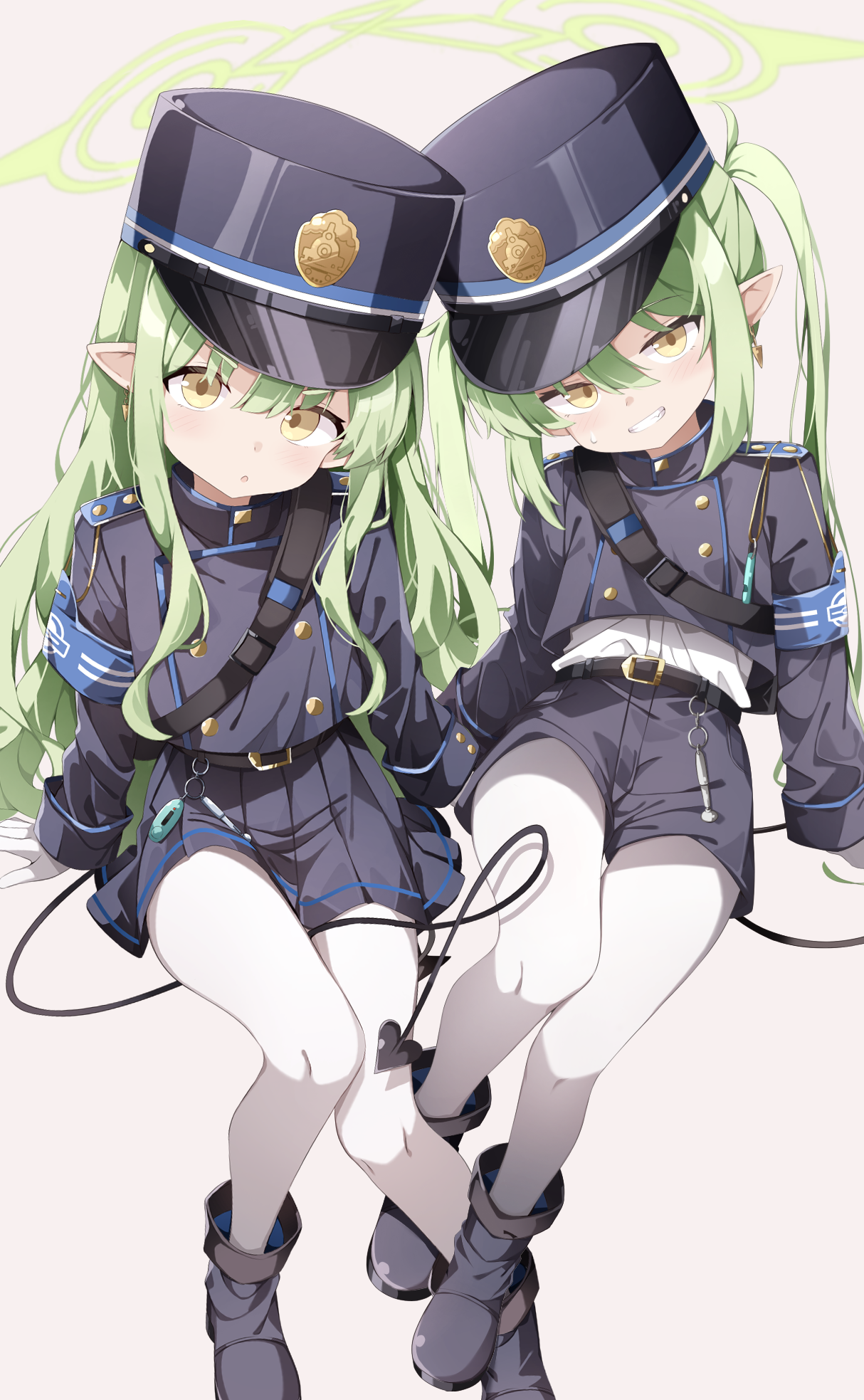 sabana, hikari (blue archive), nozomi (blue archive), blue archive, highres, 2girls, armband, belt, black belt, black boots, black hat, black jacket, black shorts, black skirt, blue armband, boots, cropped jacket, demon girl, demon tail, earrings, gloves, green hair, green halo, grey background, hair between eyes, halo, hat, invisible chair, jacket, jewelry, long hair, long sleeves, looking at viewer, miniskirt, multiple girls, open mouth, pantyhose, parted lips, peaked cap, pointy ears, shirt, short shorts, shorts, siblings, simple background, sisters, sitting, skirt, tail, twins, twintails, very long hair, white gloves, white pantyhose, white shirt, yellow eyes