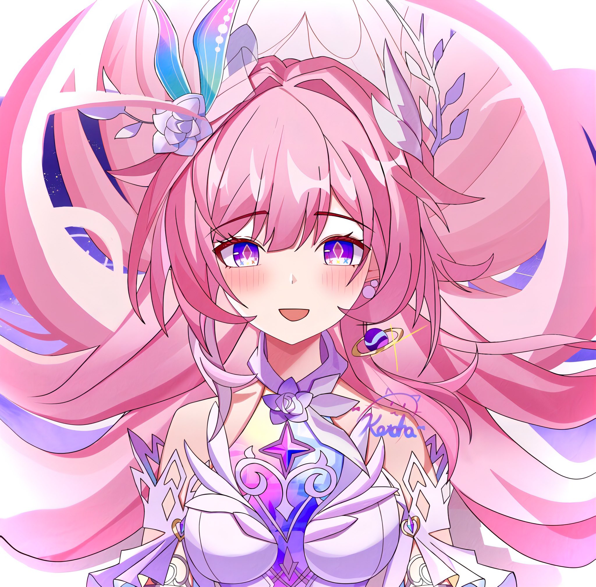kotohaneko 0307, cyrene (honkai: star rail), cyrene (ripples of past reverie) (honkai: star rail), honkai: star rail, honkai (series), hashtag-only commentary, highres, 1girl, artist name, bare shoulders, breasts, diamond-shaped pupils, diamond (shape), dress, earrings, flower, hair flower, hair ornament, halo, jewelry, large breasts, long hair, looking at viewer, open mouth, pink hair, purple eyes, purple sky, sky, smile, solo, star (sky), starry sky, symbol-shaped pupils, very long hair, white dress