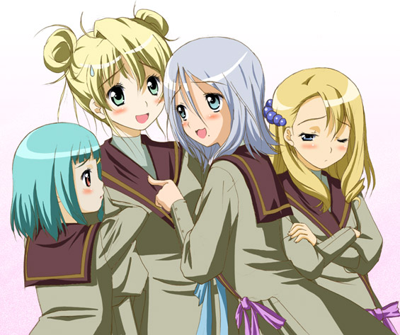 chisato (missing park), aeru (simoun), limone (simoun), morinas (simoun), yun (simoun), simoun, arm grab, silver hair, 00s, 4girls, blonde hair, blue eyes, blush, crossed arms, green eyes, green hair, hair ornament, leaning forward, long hair, multiple girls, red eyes, ribbon, school uniform, short hair, simple background, sweatdrop, turtleneck, wince