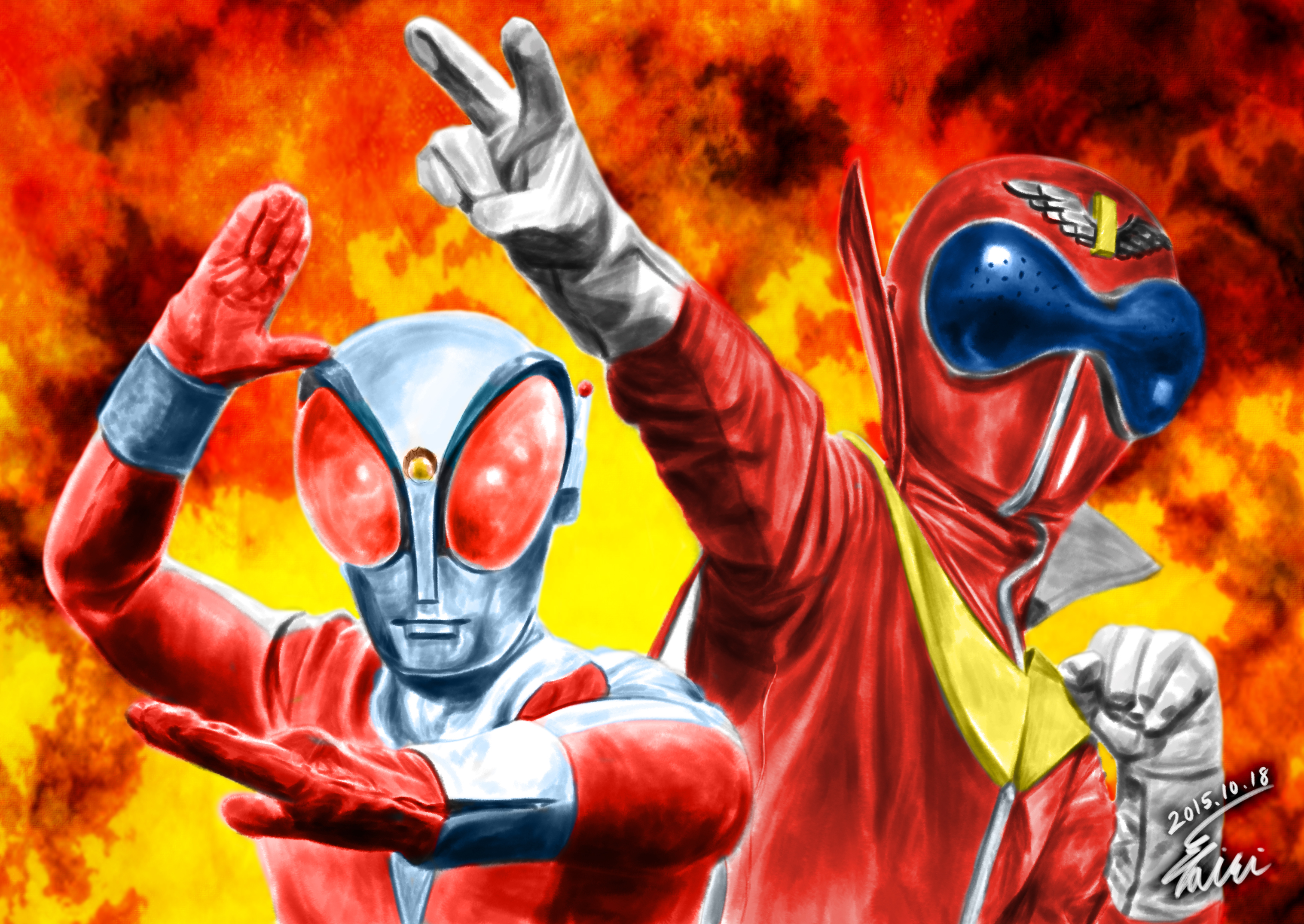 kaneko taiki, aka ranger, fireman (fireman), fireman (series), himitsu sentai gorenger, super sentai, commentary, highres, 2015, 2boys, actor connection, alien, arm guards, arm up, artist name, assault visor, bodysuit, cape, clenched hand, colored skin, compound eyes, crossover, dated, fiery background, fighting stance, fire, forehead jewel, gem, gloves, glowing, glowing eyes, helmet, high collar, looking at viewer, mask, multicolored skin, multiple boys, orange gemstone, outstretched arm, red bodysuit, red cape, red skin, signature, silver skin, tokusatsu, two-sided cape, two-sided fabric, two-tone skin, upper body, v, white gloves, wrinkled skin, zipper