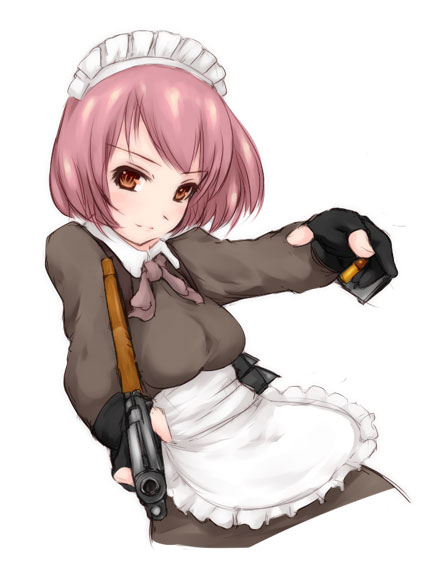 nekohige, original, 1girl, brown eyes, combat maid, female focus, gun, handgun, maid, pink hair, pistol, short hair, solo, weapon
