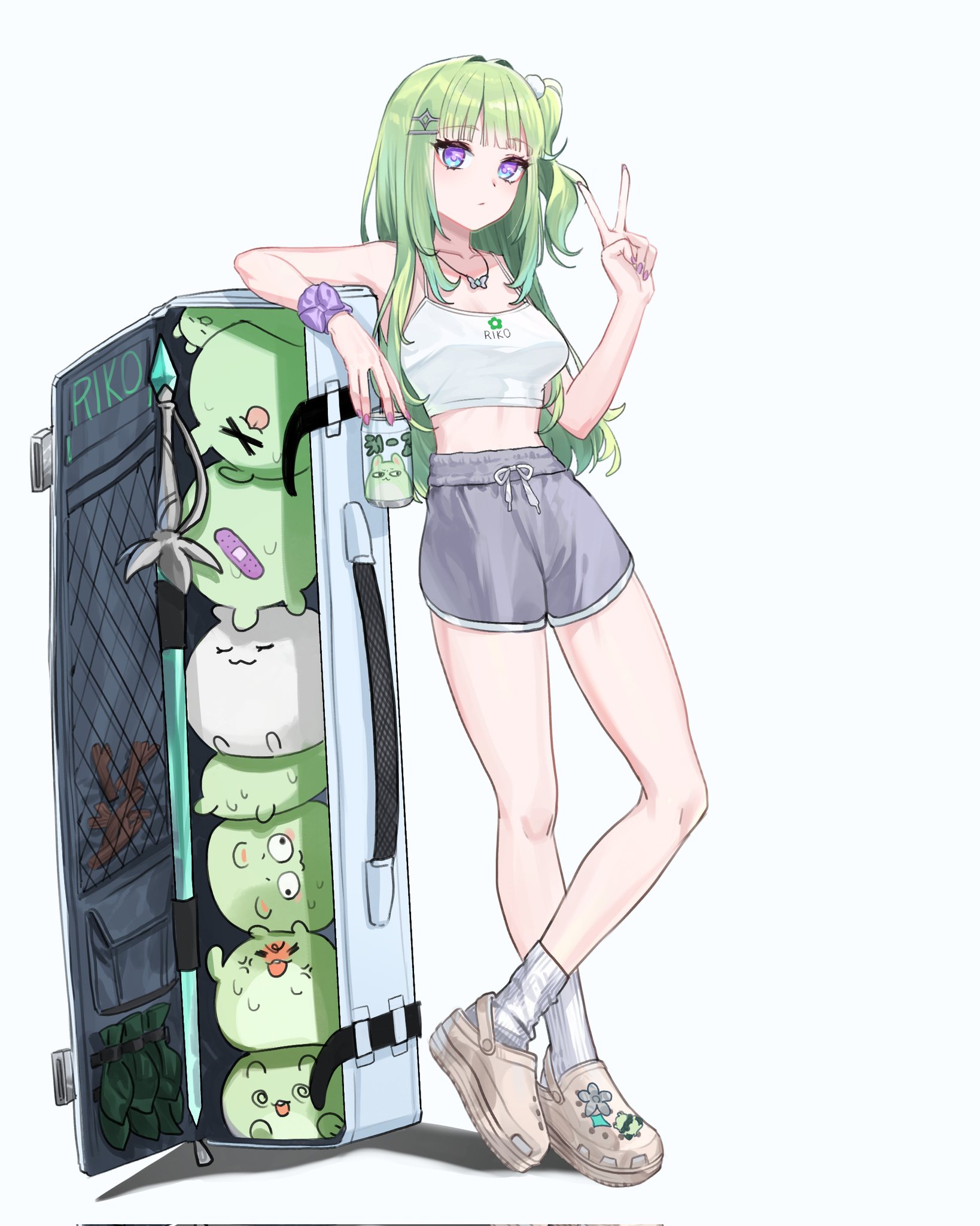 chico (yuzuha riko), yuzuha riko, stellive, hashtag-only commentary, highres, 1girl, :3, = =, @ @, bandaid, bow, breasts, brown shoes, butterfly necklace, camisole, can, character name, closed eyes, closed mouth, clothes writing, collarbone, creature, crocs, crop top, crossed legs, diamond hair ornament, drink can, expressionless, full body, green hair, grey shorts, hair intakes, hair ornament, hairclip, hand up, holding, holding can, large breasts, long hair, merry wain, midriff, nail polish, one side up, open mouth, open suitcase, pom pom (clothes), pom pom hair ornament, print camisole, purple bow, purple eyes, purple nails, sanpaku, shoes, short shorts, shorts, simple background, socks, standing, tongue, tongue out, v, white background, white camisole, white socks, wispy bangs, wrist bow, wristband