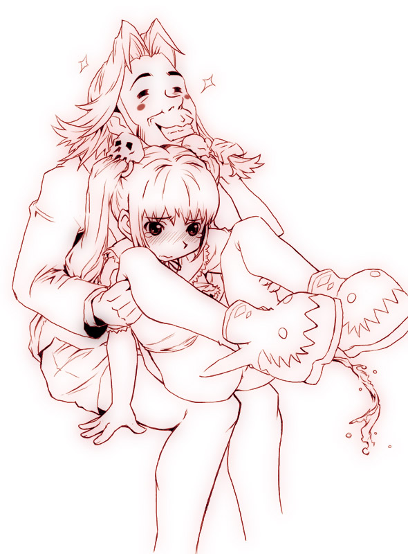 hermmy, kooh (pangya), pangya, character request, 1boy, 1girl, grin, hetero, loli, monochrome, pee, peeing, pink theme, sitting, sitting on lap, sitting on person, smile