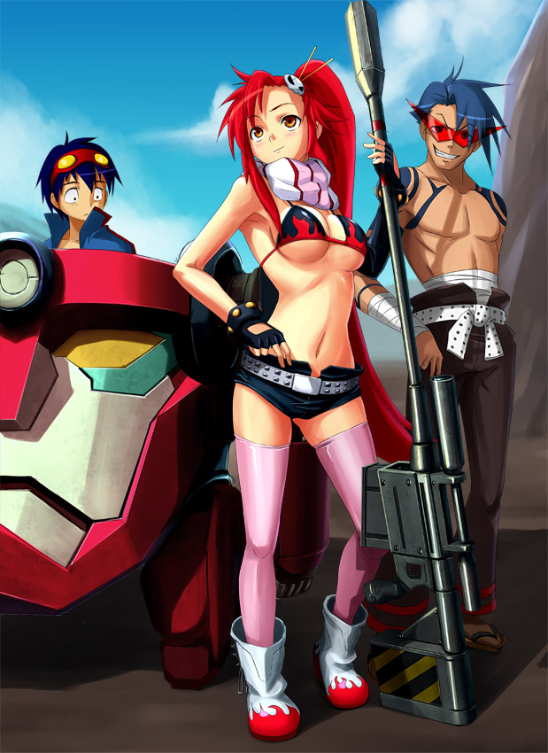 patorishia, patricia (stylish marunage), kamina (ttgl), lagann, simon (ttgl), yoko littner, tengen toppa gurren lagann, 00s, 1girl, 2boys, arm tattoo, armpits, asymmetrical gloves, bikini, bikini top only, black bikini, bracer, breasts, cleavage, day, full body, gloves, gun, hand on own hip, head tilt, high collar, high ponytail, huge weapon, legs apart, long hair, mecha, multiple boys, outdoors, ponytail, print bikini, red bikini, rifle, robot, scarf, scope, short shorts, shorts, spiked hair, standing, striped clothes, striped scarf, swimsuit, tattoo, thighhighs, topless male, triangular eyewear, uneven gloves, v-shaped eyebrows, very long hair, weapon