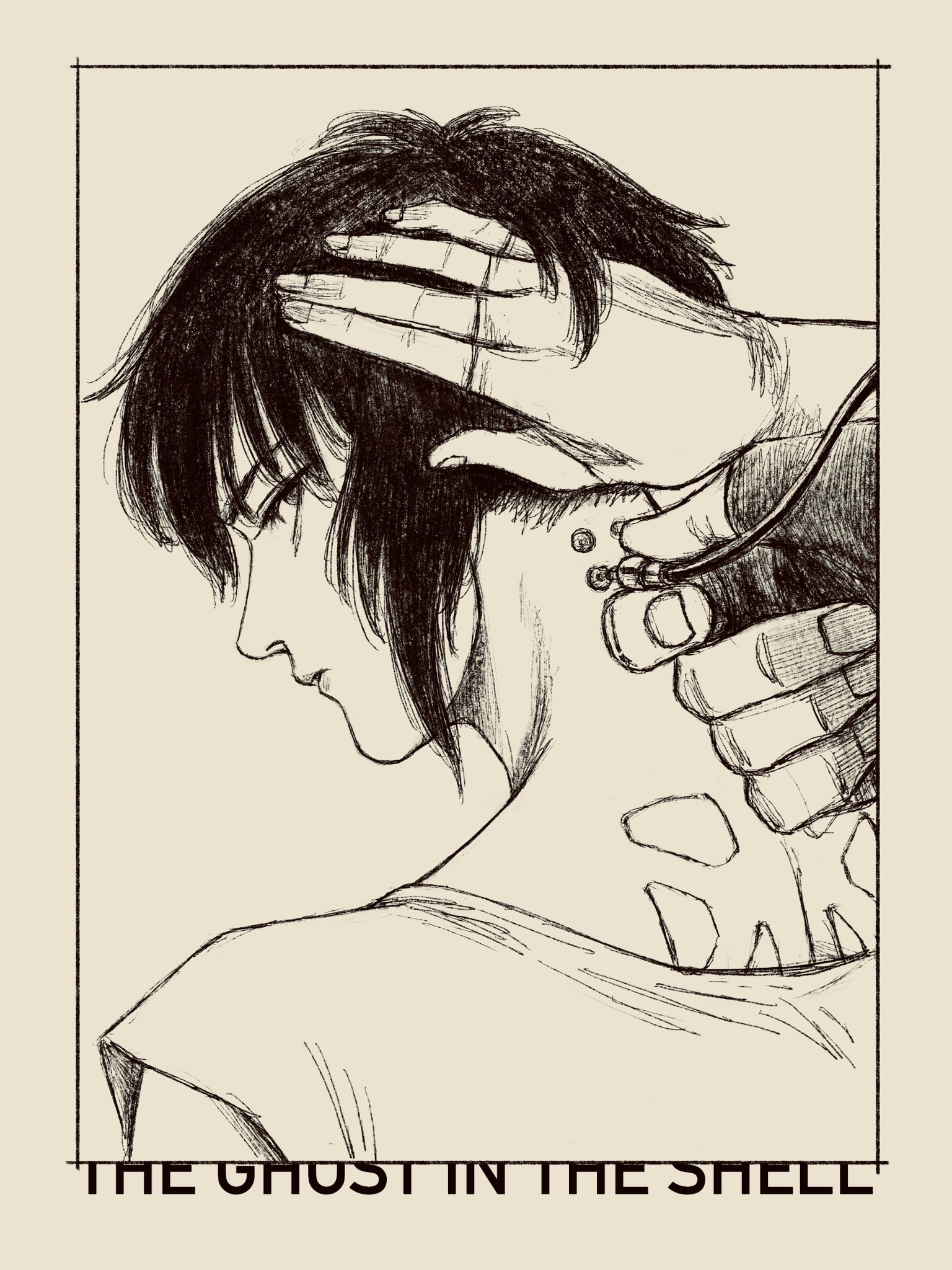 tp p pt, kusanagi motoko, ghost in the shell, highres, 1girl, back, black hair, cable, copyright name, greyscale, looking back, looking to the side, monochrome, short hair, sleeveless, subdermal port