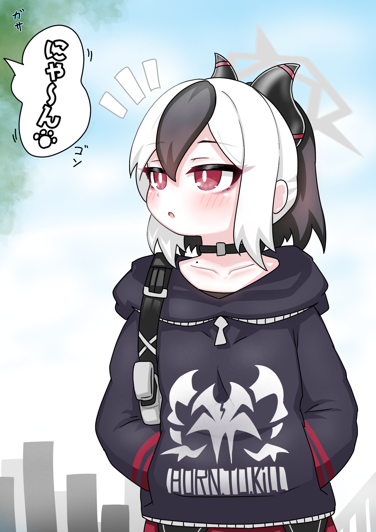 tomimon, kayoko (blue archive), blue archive, commentary request, highres, translation request, 1girl, black choker, black hair, black hoodie, black horns, choker, collarbone, demon girl, demon horns, grey halo, halo, hands in pockets, hood, hood down, hoodie, horns, mole, mole on collarbone, multicolored hair, open mouth, red eyes, short hair, solo, speech bubble, two-tone hair, white hair