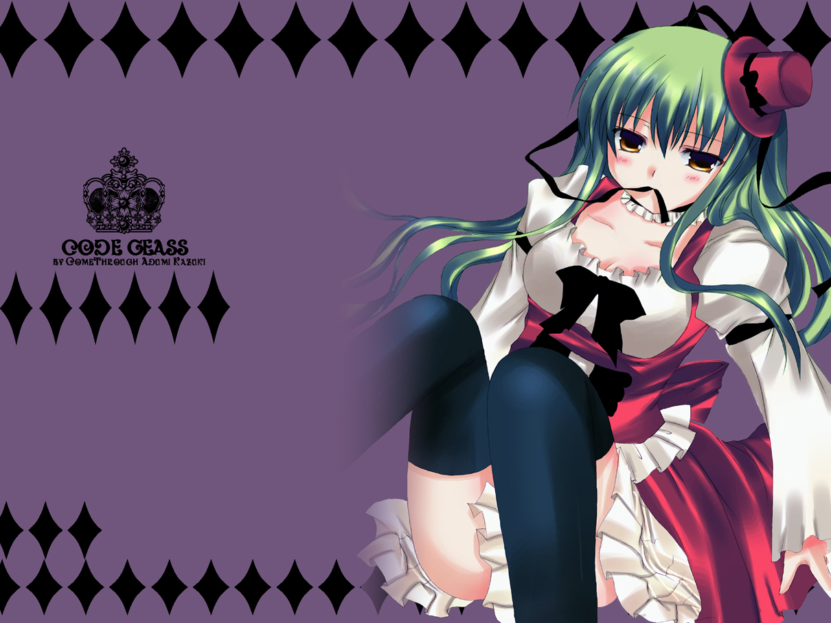 azumi kazuki, c.c., code geass, 00s, 1girl, black thighhighs, breasts, brown eyes, cleavage, collarbone, diamond (shape), dress, english text, female focus, green hair, juliet sleeves, long hair, long sleeves, looking at viewer, puffy long sleeves, puffy sleeves, purple background, red dress, simple background, solo, thighhighs, zettai ryouiki