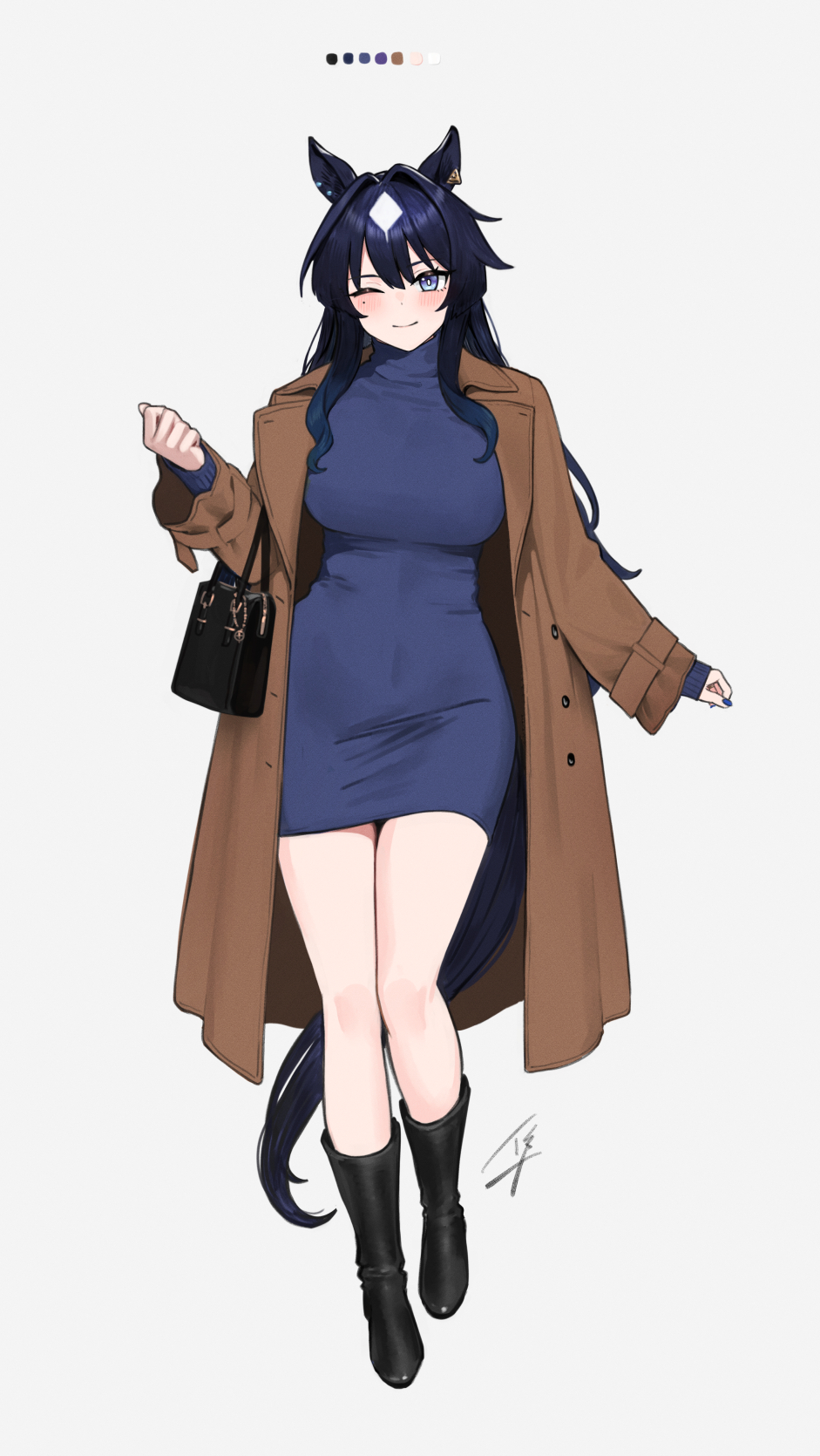 hayabusa (vert 320), verxina (umamusume), umamusume, commentary, highres, symbol-only commentary, 1girl, ;), animal ears, black bag, black boots, blue dress, blue hair, blush, boots, brown coat, closed mouth, coat, dress, ear piercing, earrings, full body, grey background, horse ears, horse girl, horse tail, jewelry, knee boots, long sleeves, mole, mole under eye, one eye closed, open clothes, open coat, piercing, simple background, smile, solo, standing, tail, thighs, turtleneck