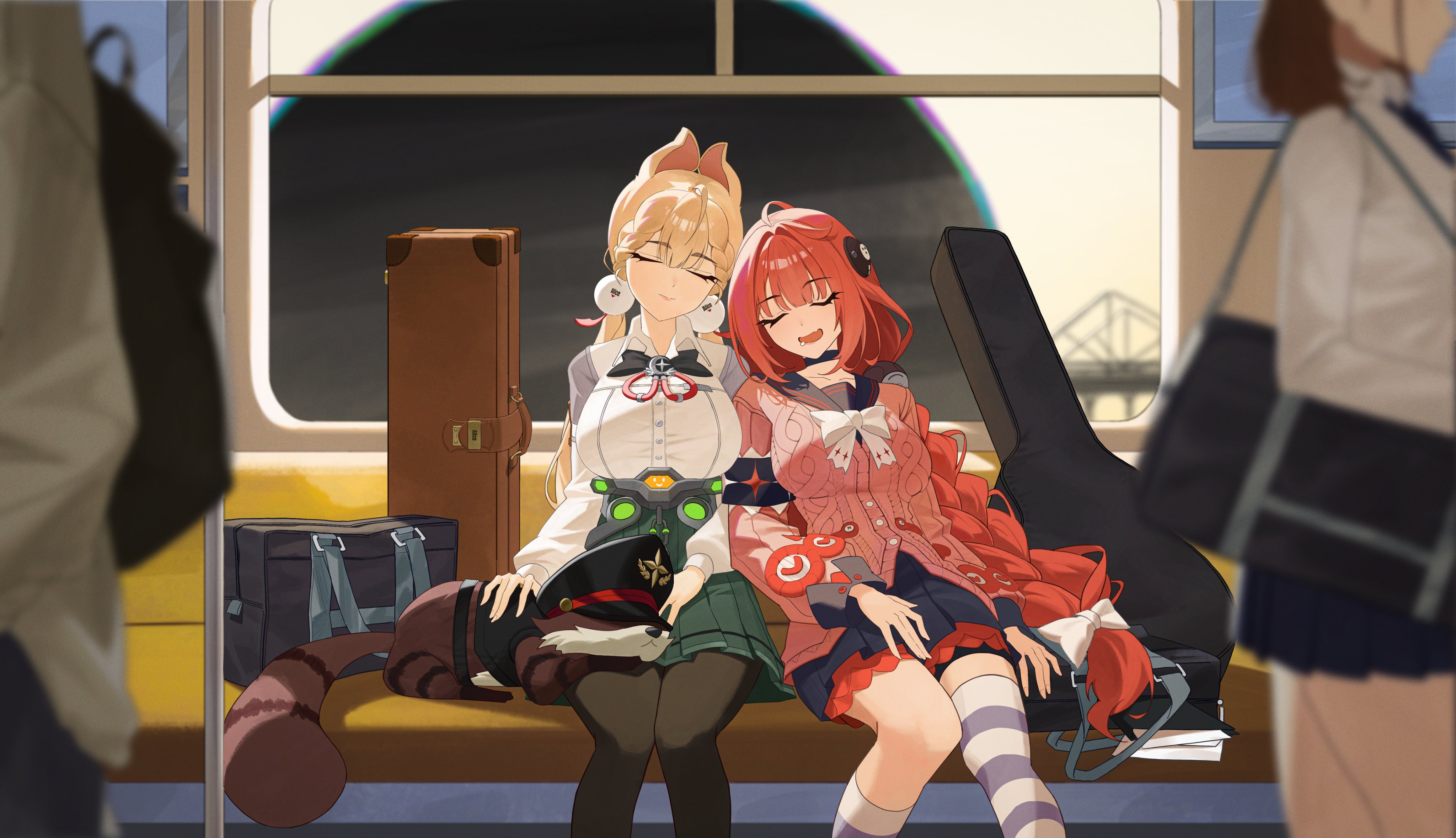 alice thymefield, kamanosuke (zenless zone zero), ukinami yuzuha, zenless zone zero, absurdres, highres, 2girls, 2others, animal, animal ears, animal on lap, asymmetrical legwear, backpack, bag, belt, black pantyhose, blonde hair, blue skirt, bridge, cardigan, chest bow, closed eyes, evelyn (evelyn s072), green skirt, guitar case, hair ornament, hat, hearing aid, hollow (zenless zone zero), instrument case, multiple girls, multiple others, on lap, on train, open mouth, pantyhose, pink cardigan, rabbit ears, rabbit girl, raccoon, red hair, ribbon, saliva, shirt, sitting, skirt, sleeping, sleeping on person, socks, sphere hair ornament, striped clothes, striped socks, tanuki, train, twintails, white ribbon, white shirt