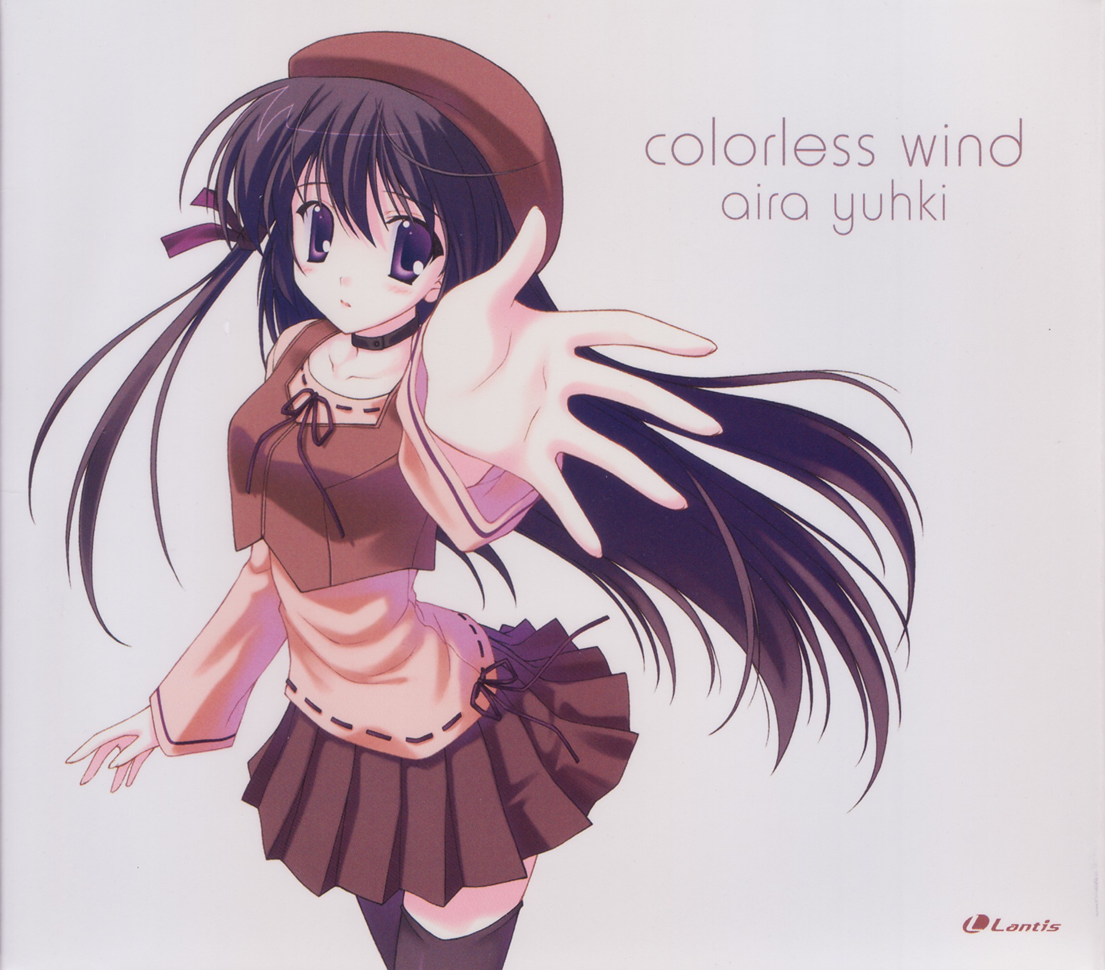 nanao naru, shihou matsuri, sola, highres, scan, 00s, 1girl, album cover, beret, black hair, black thighhighs, choker, cover, female focus, hat, long hair, purple eyes, ribbon-trimmed shirt, ribbon trim, shirt, simple background, skirt, solo, thighhighs, very long hair, zettai ryouiki