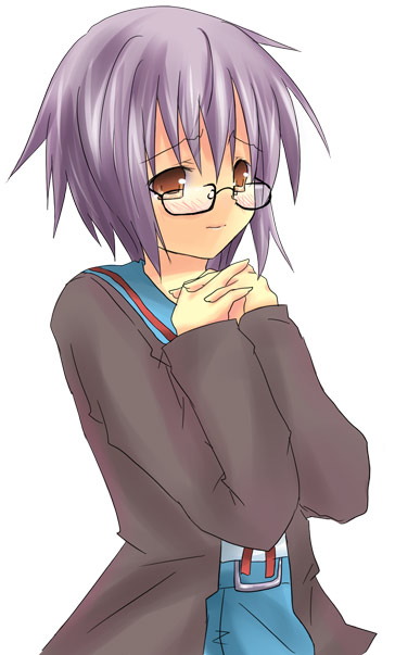 umitosoratomoe, nagato yuki, suzumiya haruhi no yuuutsu, 00s, 1girl, cardigan, female focus, glasses, school uniform, serafuku, solo