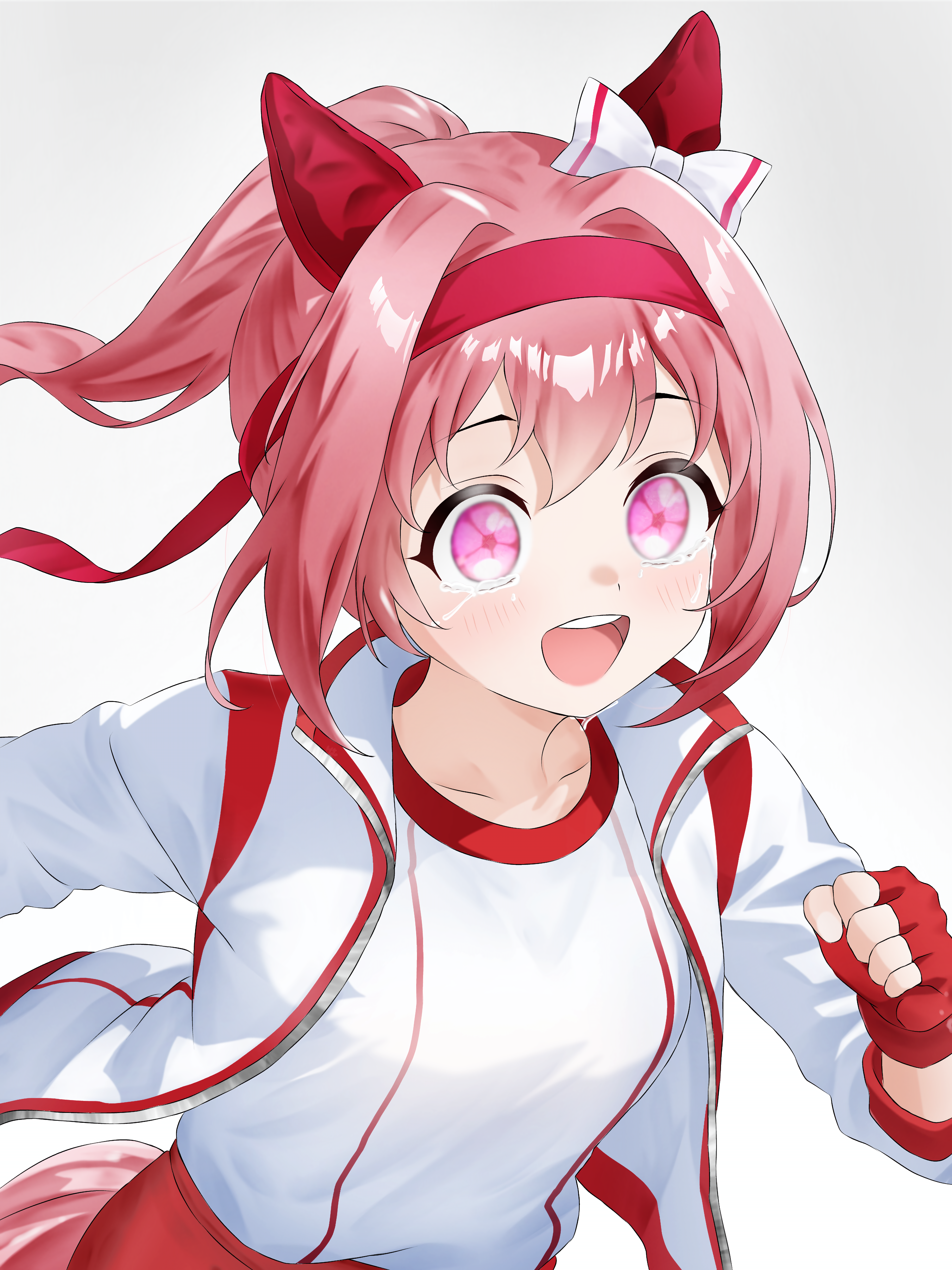 haru urara (umamusume), umamusume, absurdres, highres, 1girl, animal ears, blush, bow, brown hair, buruma, ear bow, ear covers, ear ornament, ear ribbon, fingerless gloves, flower in eye, gloves, gym uniform, haru urara (bestest prize) (umamusume), headband, horse ears, horse girl, horse tail, jacket, kifli ro, long sleeves, open mouth, ponytail, red gloves, red headband, shirt, simple background, smile, solo, symbol in eye, tail, white background, white jacket, white shirt