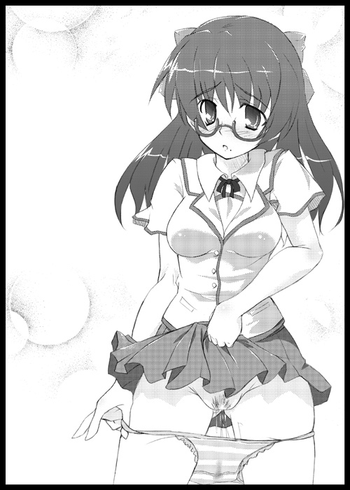 tekehiro, original, clothes lift, glasses, greyscale, monochrome, panties, panty pull, school uniform, serafuku, skirt, skirt lift, solo, underwear