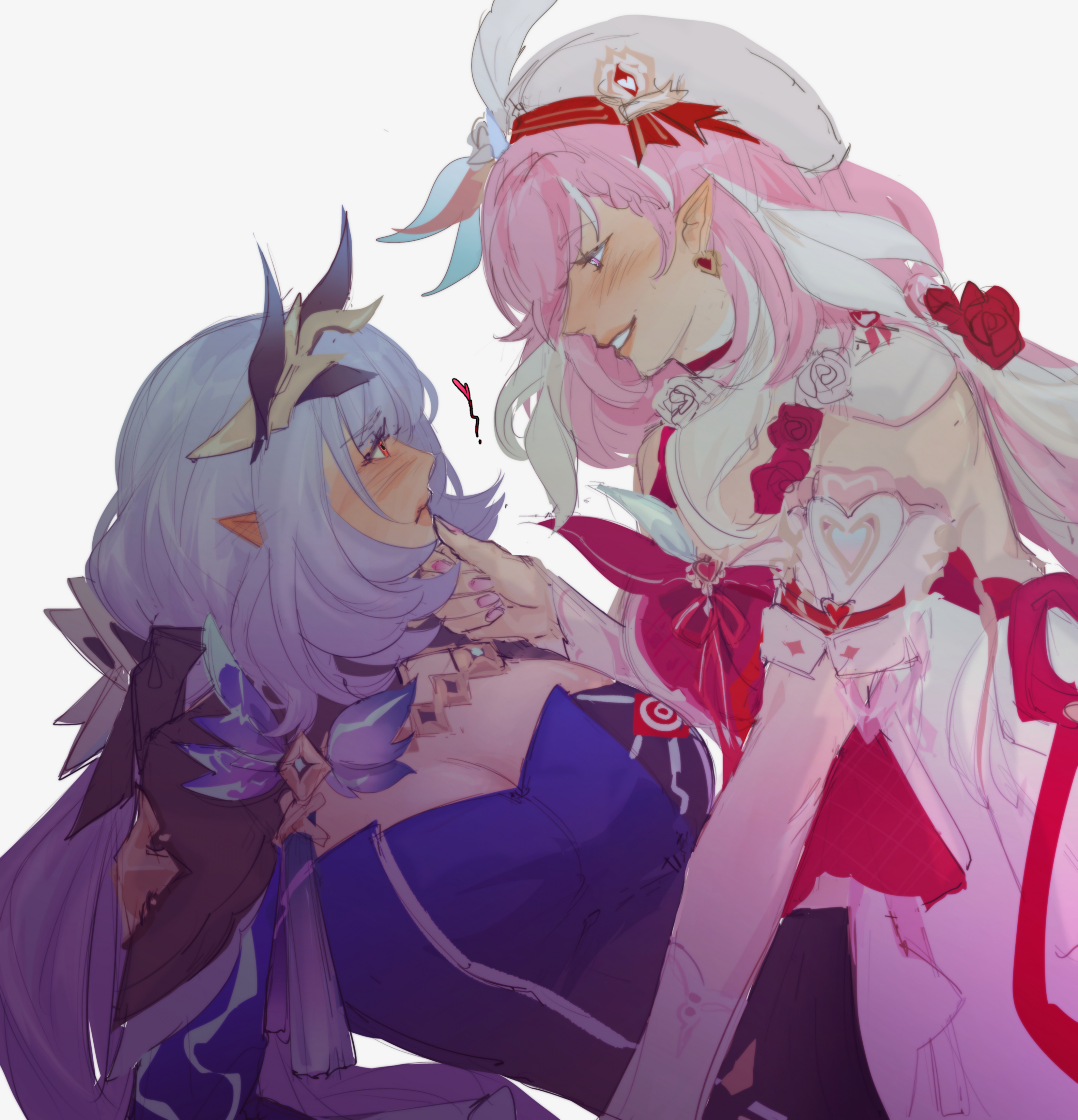cellysticks, elysia (honkai impact), elysia (miss pink elf) (honkai impact), herrscher of corruption, honkai (series), honkai impact 3rd, absurdres, commentary, highres, 2girls, beret, blue corset, blue hair, breasts, bush, cleavage, corset, diamond-shaped pupils, diamond (shape), dress, elf, elysia (hi elf of love) (honkai impact), eyepatch, hair ornament, hand on another's chin, hat, heart, heart eyepatch, large breasts, long hair, looking at another, multicolored hair, multiple girls, orange eyes, pink hair, pointy ears, purple eyes, symbol-shaped pupils, two-tone hair, very long hair, white dress, white hair, white hat, yuri