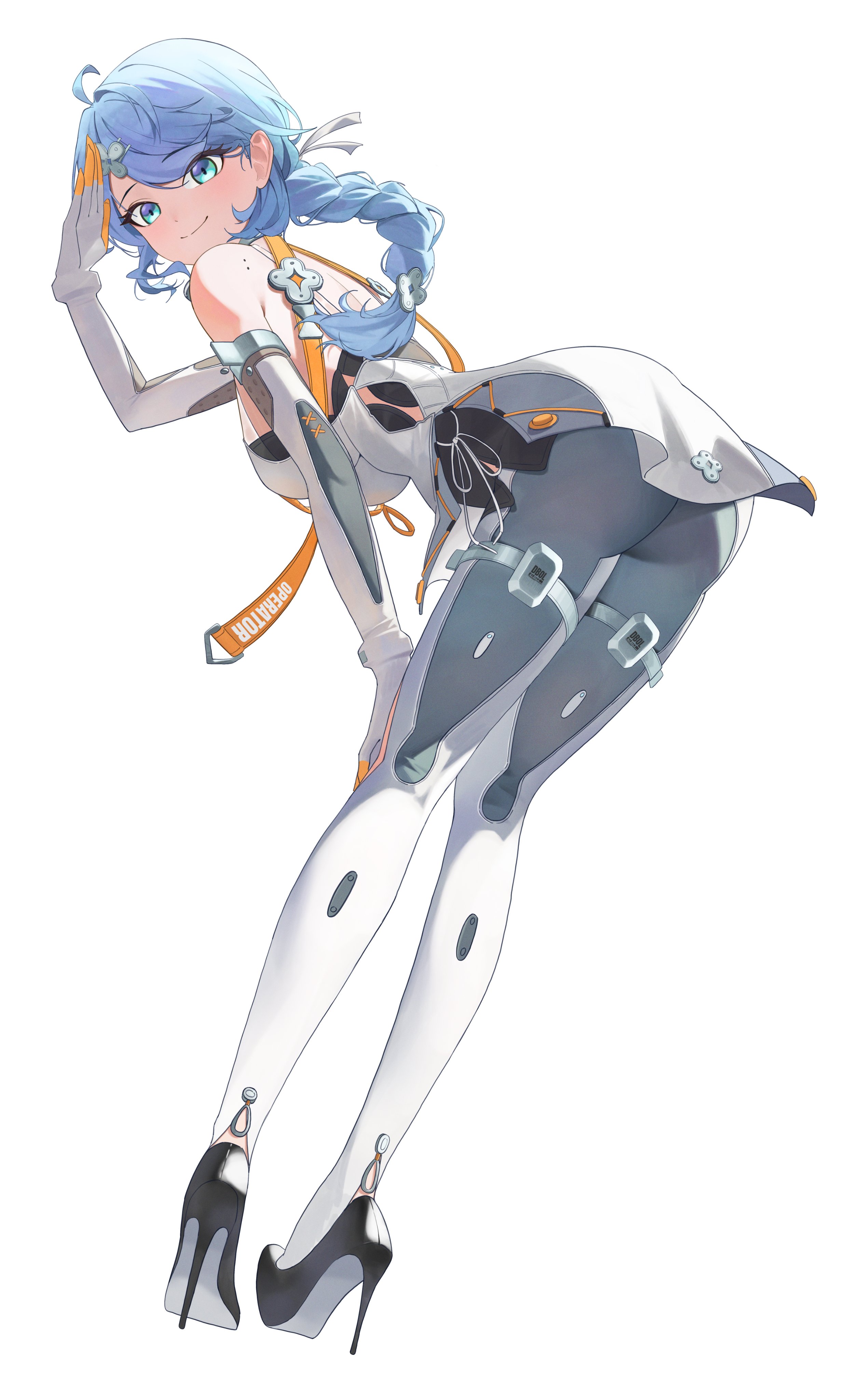 seed (zenless zone zero), zenless zone zero, absurdres, highres, 1boy, bare shoulders, blue eyes, blue hair, clothing cutout, detached sleeves, evelyn (evelyn s072), flower ornament, formal clothes, from behind, gloves, hair ornament, hairpin, hand on own head, hand on own knee, high heels, latex pants, looking at viewer, mole, mole on shoulder, see-through dress layer, smile, solo, suit, thigh cutout, thigh strap, white background, white gloves, white suit