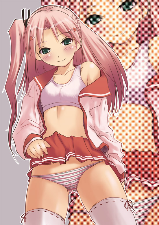 sakaki imasato, maaryan (to heart), to heart (series), to heart 2, 00s, 1girl, bra, clothes lift, female focus, lingerie, panties, school uniform, serafuku, skirt, skirt lift, solo, sports bra, striped clothes, striped panties, thighhighs, underwear, upskirt, zoom layer