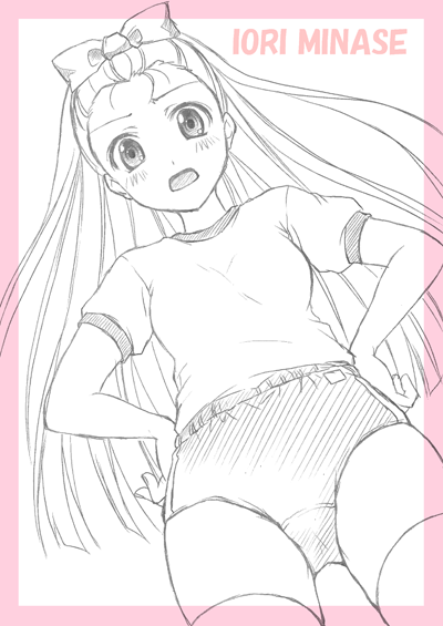 itsuki sayaka, minase iori, idolmaster, idolmaster (classic), idolmaster 1, 00s, 1girl, border, buruma, female focus, gym uniform, monochrome, sketch, solo, spot color, thighhighs