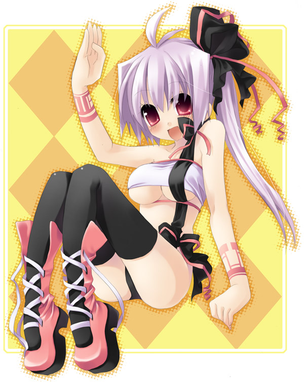 sazaki ichiri, original, 1girl, :d, ahoge, argyle background, argyle clothes, black panties, black skirt, black thighhighs, blush, boots, border, breasts, female focus, knee boots, lace-up boots, large breasts, looking at viewer, miniskirt, open clothes, open mouth, panties, pantyshot, pink eyes, pink hair, pleated skirt, ponytail, side ponytail, sitting, skirt, smile, solo, thighhighs, underboob, underwear, upskirt, waving