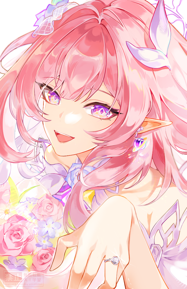 hush (xoxo hush), cyrene (honkai: star rail), cyrene (ripples of past reverie) (honkai: star rail), honkai: star rail, honkai (series), commentary, 1girl, bare shoulders, diamond-shaped pupils, diamond (shape), dress, earrings, halo, jewelry, long hair, looking at viewer, open mouth, pink hair, pointy ears, purple eyes, ring, simple background, smile, solo, symbol-shaped pupils, very long hair, wedding ring, white background, white dress