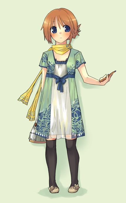 itou izumo, komaki manaka, to heart (series), to heart 2, 00s, 1girl, blue eyes, brown hair, cellphone, dress, female focus, folded ponytail, full body, phone, scarf, shoes, short hair, simple background, solo, standing