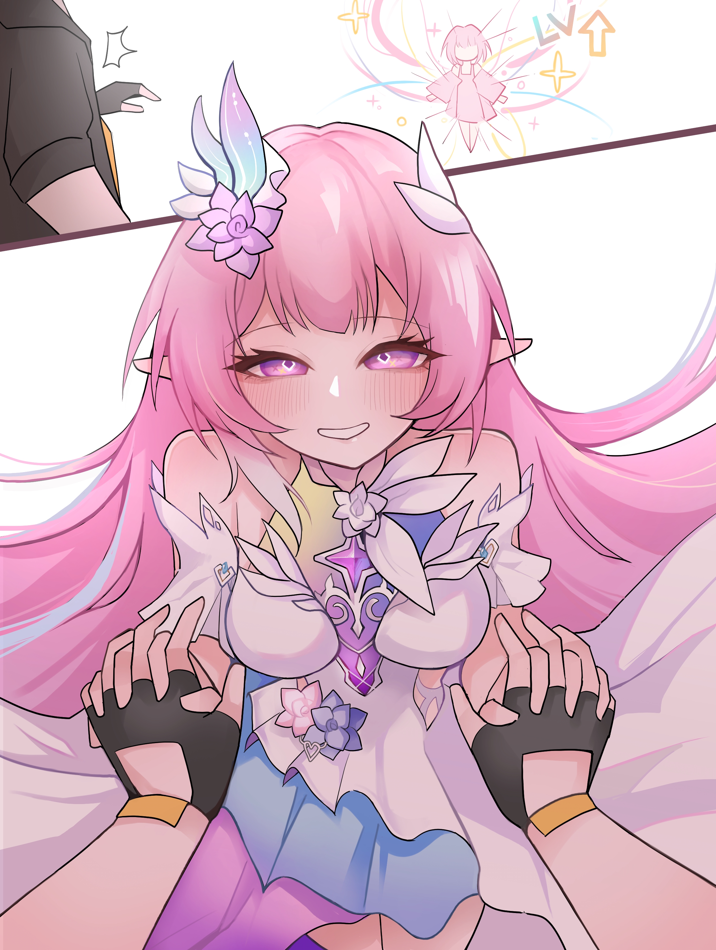 wifi saga, caelus (honkai: star rail), cyrene (honkai: star rail), cyrene (ripples of past reverie) (honkai: star rail), trailblazer (honkai: star rail), honkai: star rail, honkai (series), absurdres, commentary, english commentary, highres, textless version, 1boy, 1girl, bare shoulders, black gloves, blush, breasts, cyrene (aedes elysiae) (honkai: star rail), diamond-shaped pupils, diamond (shape), dress, fingerless gloves, gloves, hair ornament, holding hands, interlocked fingers, long hair, looking at viewer, medium breasts, pink hair, pov, purple eyes, smile, solo focus, symbol-shaped pupils, transformation, very long hair, white dress