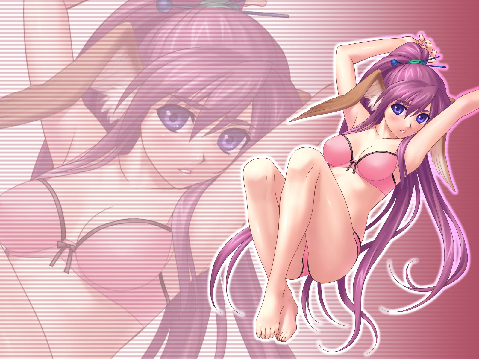 zen, touka (utawarerumono), utawarerumono, highres, 00s, 1girl, armpits, arms up, blue eyes, blush, bra, female focus, hair ornament, hairpin, head wings, lingerie, long hair, lying, on back, panties, pink panties, ponytail, purple hair, solo, underwear, underwear only, very long hair, wings, zoom layer