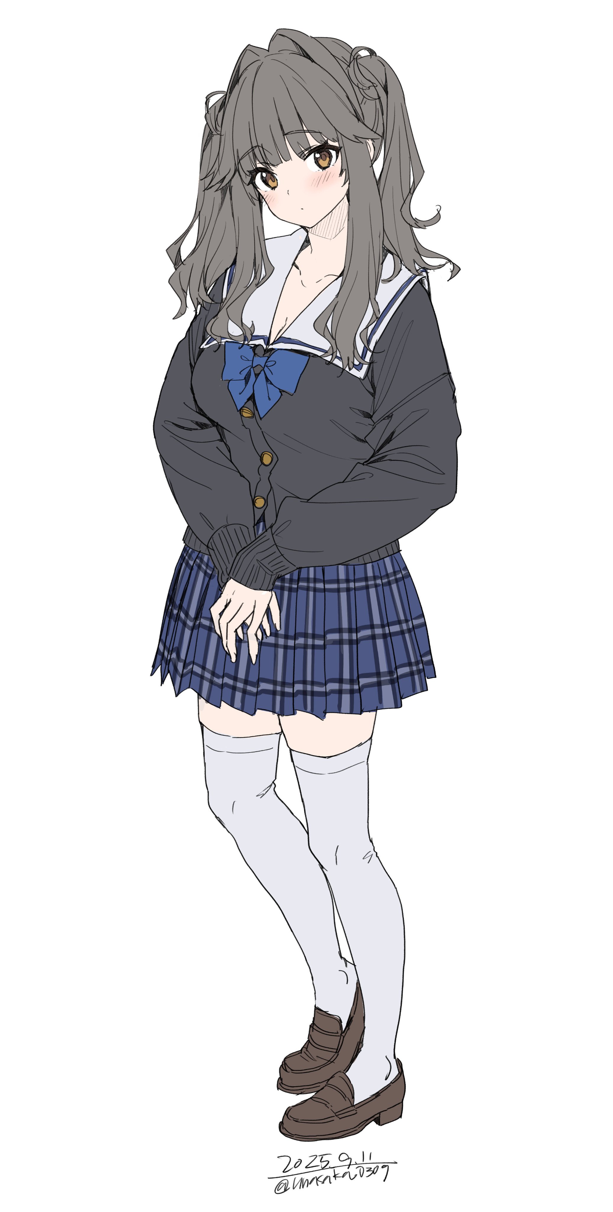 unasaka ryou, original, absurdres, highres, 1girl, black cardigan, blue bow, blue skirt, blush, bow, breasts, brown eyes, brown hair, cardigan, cleavage, closed mouth, collarbone, long hair, long sleeves, looking at viewer, sailor collar, school uniform, shoes, simple background, skirt, solo, thighhighs, twintails, white background, white sailor collar, white thighhighs, zettai ryouiki