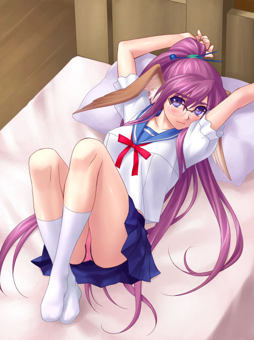 zen, touka (utawarerumono), utawarerumono, 00s, 1girl, arms up, bed, black theme, blue eyes, blush, bow, female focus, glasses, hair ornament, hairpin, head wings, long hair, lying, on back, panties, pantyshot, pink panties, pleated skirt, ponytail, purple hair, ribbon, school uniform, serafuku, skirt, socks, solo, underwear, very long hair, wings