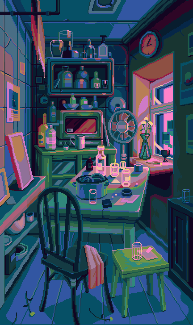 waneella, original, animated, animated gif, commentary, absurdly detailed composition, book, bookshelf, clock, creature, drawer, indoors, jar, loaded interior, messy room, no humans, pestle, pixel art, plant, poster (object), potted plant, rotating fan, scenery, slice of life