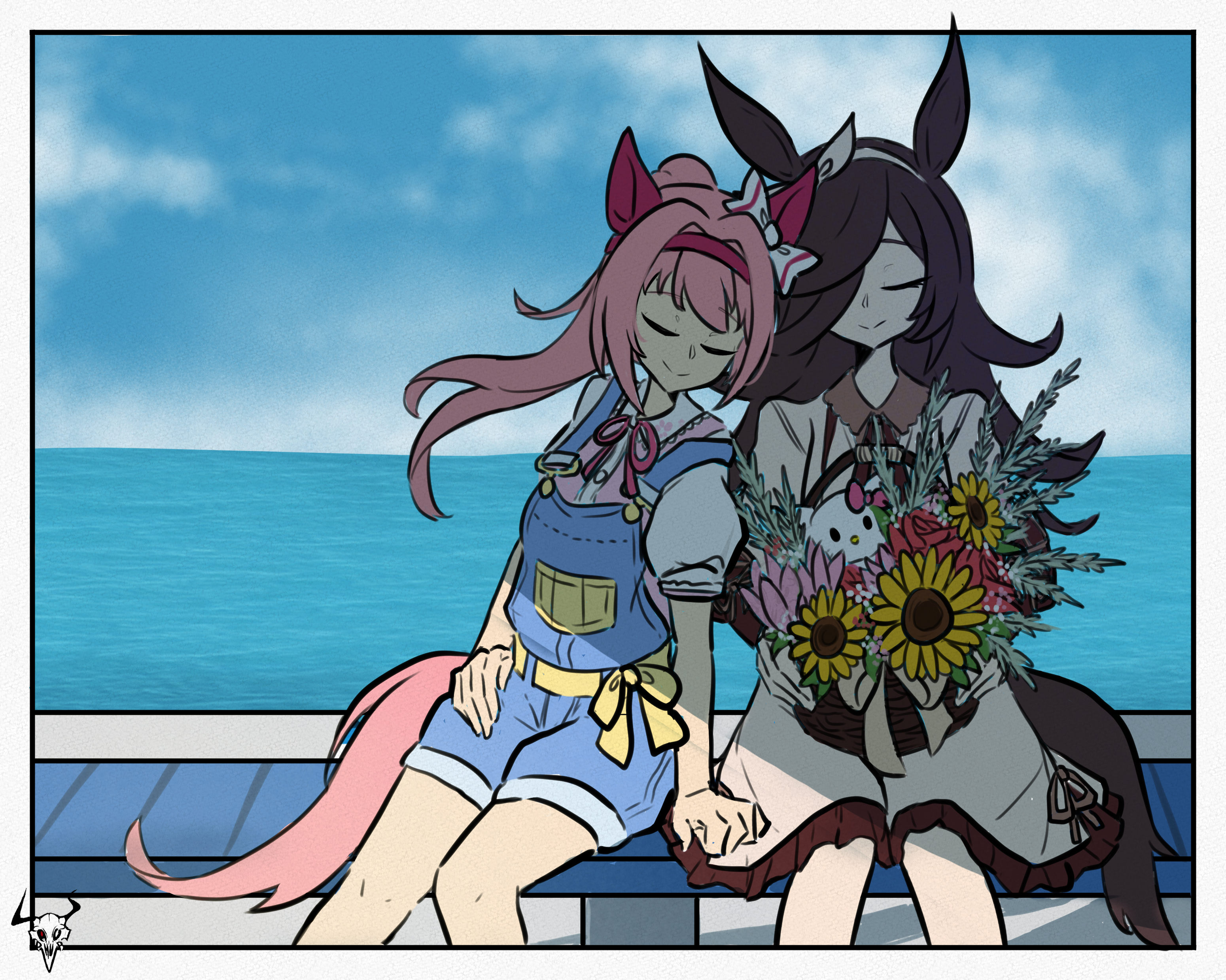 laphurus, haru urara (umamusume), hello kitty (character), rice shower (umamusume), hello kitty, sanrio, umamusume, absurdres, highres, 2girls, animal ears, bench, blue overalls, blue sky, bouquet, bow, bow hairband, brown dress, brown hair, brown ribbon, casual, closed eyes, closed mouth, collared dress, dress, ear bow, ear covers, flower, hair over one eye, hairband, haru urara (casual) (umamusume), headband, holding, holding bouquet, horse ears, horse girl, horse tail, leaning on person, long hair, long sleeves, multiple girls, ocean, official alternate costume, outdoors, overall shorts, overalls, pink hair, pink headband, pink shirt, ponytail, red hairband, red headband, ribbon, rice shower (casual) (umamusume), shirt, short sleeves, sitting, sky, smile, sunflower, tail, white bow, white hairband