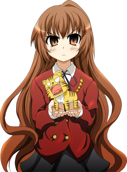 aisaka taiga, palmtop tiger, toradora!, 00s, 1girl, brown eyes, brown hair, female focus, long hair, school uniform, simple background, solo, tiger, very long hair