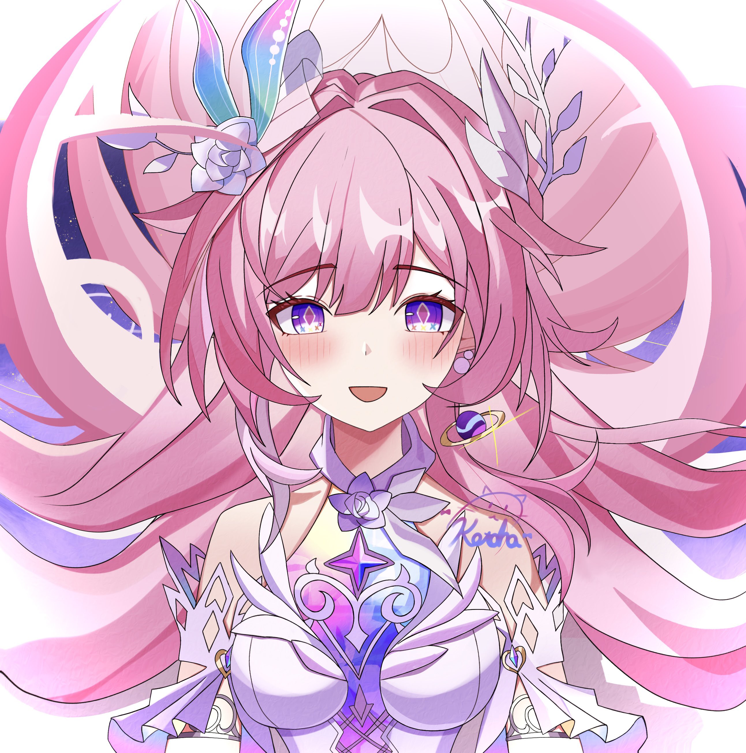 kotohaneko 0307, cyrene (honkai: star rail), cyrene (ripples of past reverie) (honkai: star rail), honkai: star rail, honkai (series), absurdres, hashtag-only commentary, highres, 1girl, artist name, bare shoulders, breasts, diamond-shaped pupils, diamond (shape), dress, earrings, flower, hair flower, hair ornament, halo, jewelry, large breasts, long hair, looking at viewer, open mouth, pink hair, purple eyes, purple sky, sky, smile, solo, star (sky), starry sky, symbol-shaped pupils, very long hair, white dress
