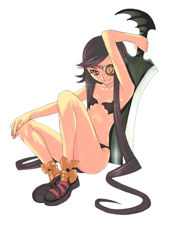 nagy, 1girl, bat wings, bikini, black hair, eyepatch, female focus, flat chest, legs, long hair, pumpkin, red eyes, shoes, sitting, smile, solo, swimsuit, sword, weapon, white background, wings