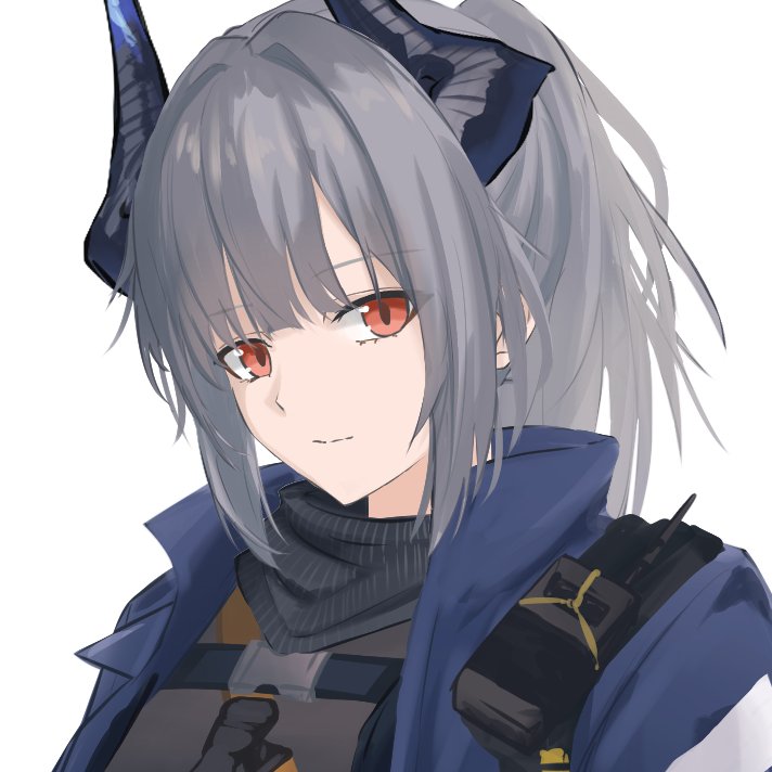 shuuka, liskarm (arknights), arknights, 1girl, black horns, blue jacket, closed mouth, dragon girl, dragon horns, grey hair, horns, jacket, light smile, looking at viewer, open clothes, open jacket, portrait, red eyes, short hair, simple background, solo, walkie-talkie, white background